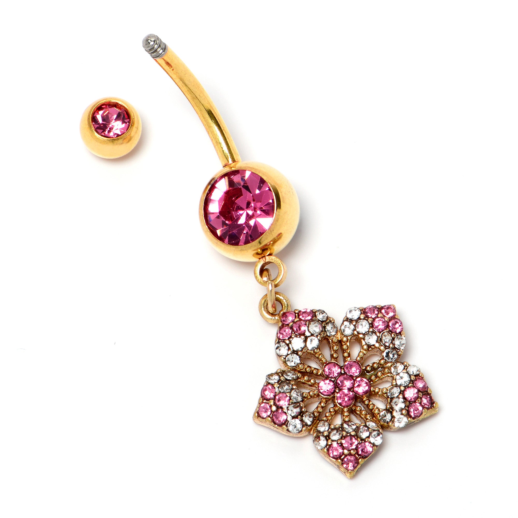 Pink Clear Gem Gold Tone Texture Star Dangle Belly Ring