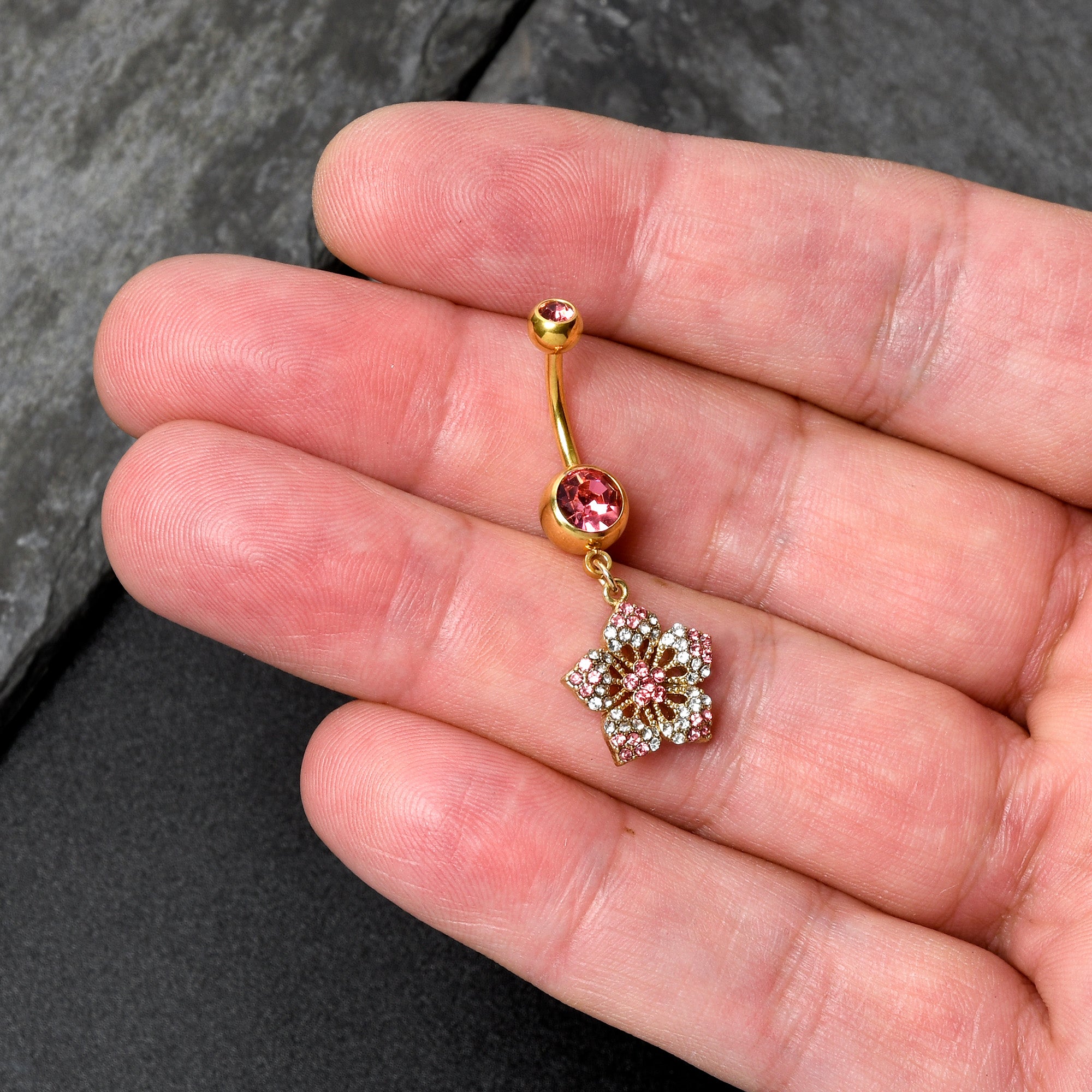 Pink Clear Gem Gold Tone Texture Star Dangle Belly Ring