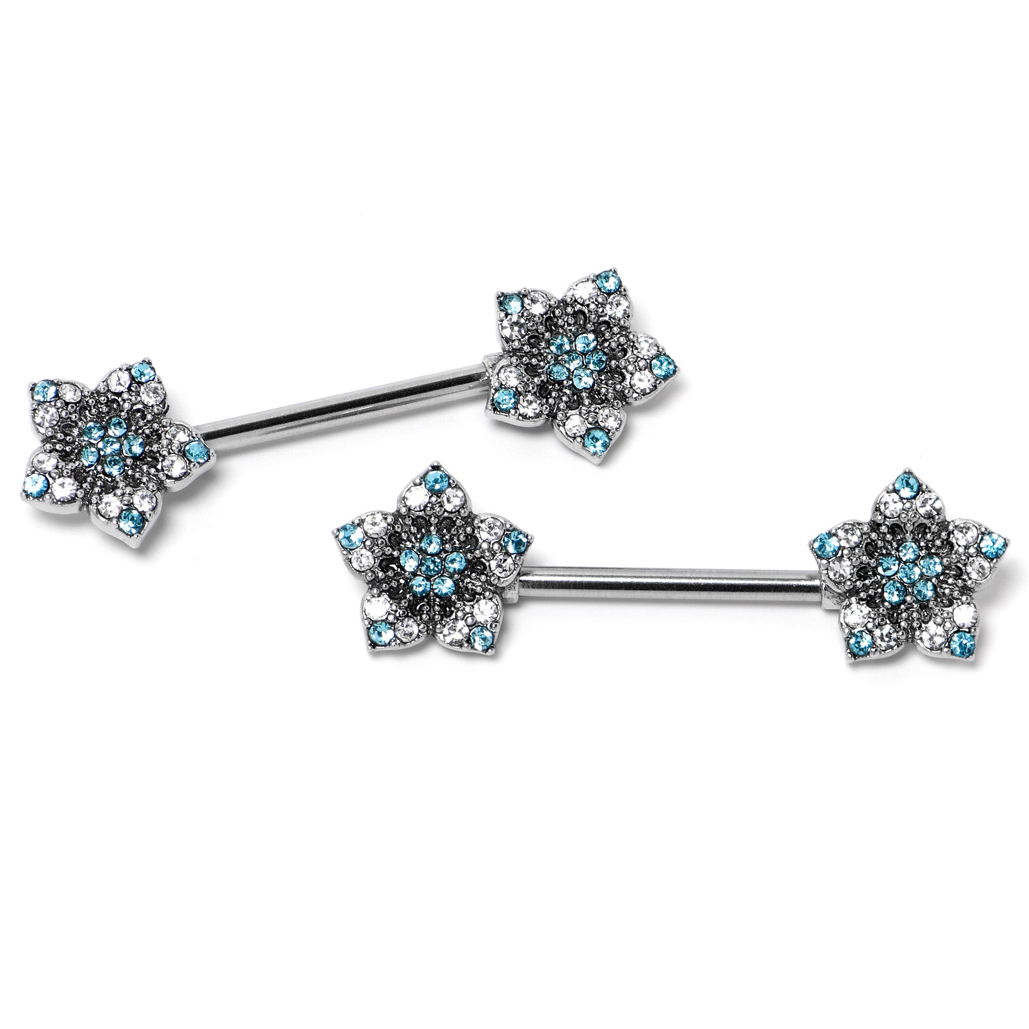 14 Gauge 9/16 Blue Clear Gem Opulent Flowers Barbell Nipple Ring Set