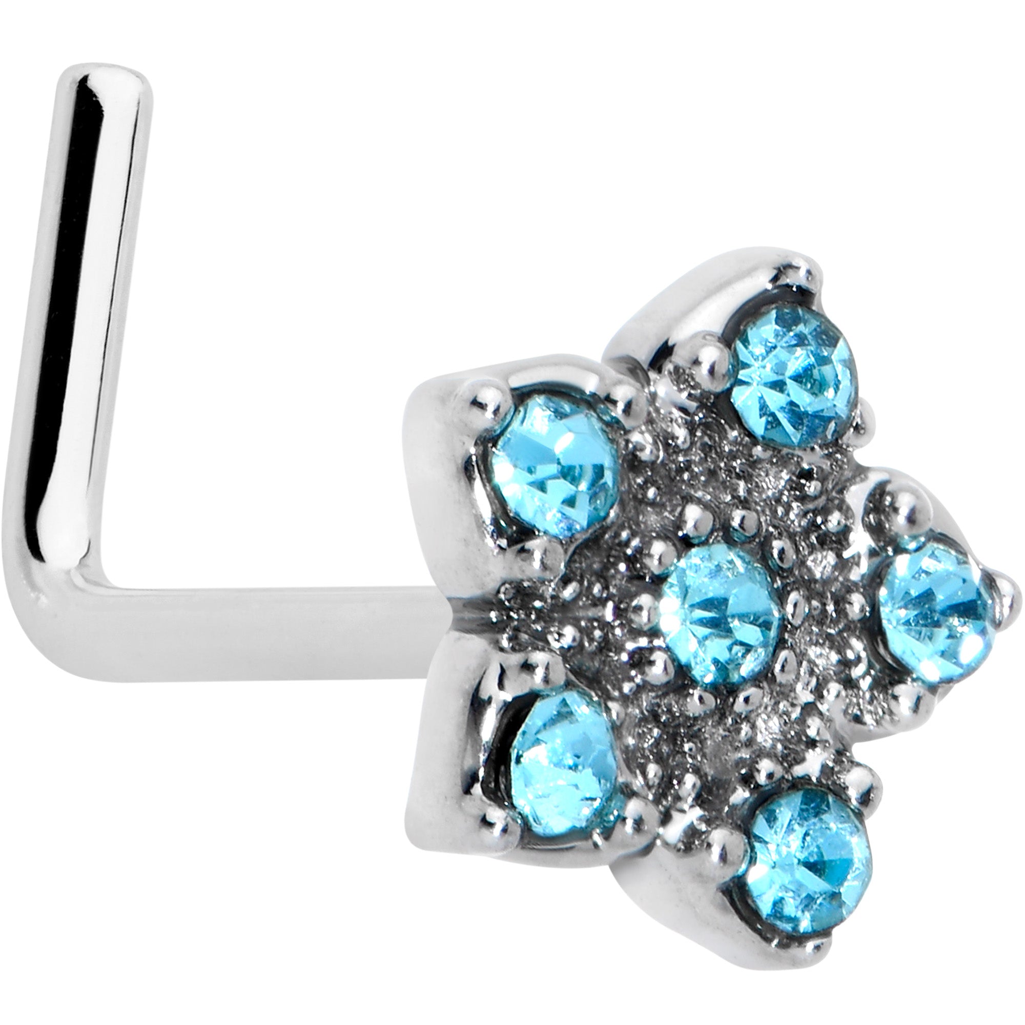 20 Gauge 7mm Blue Clear Gem Star Flower L Shape Nose Ring