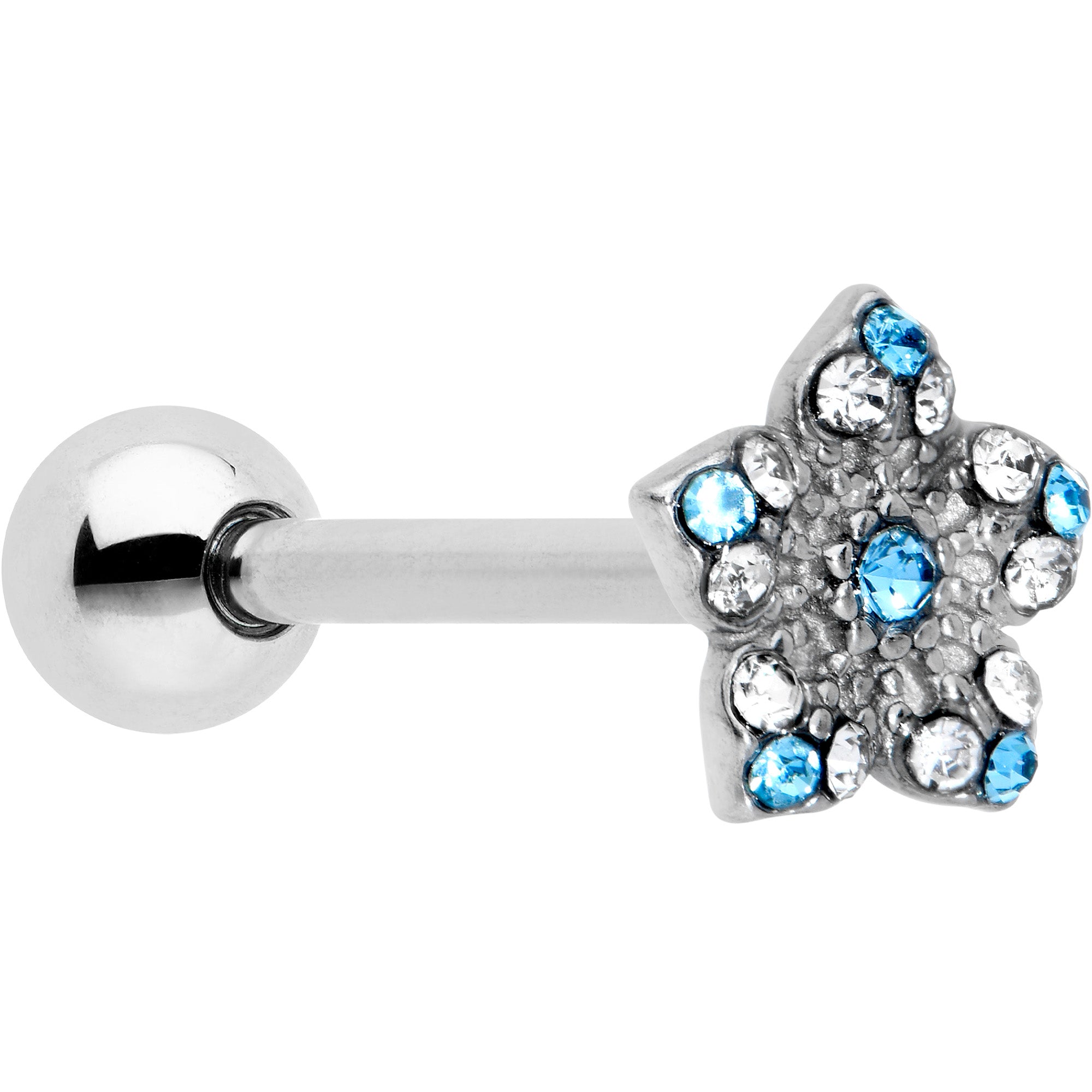 Blue Clear Gem Opulent Flower Barbell Tongue Ring