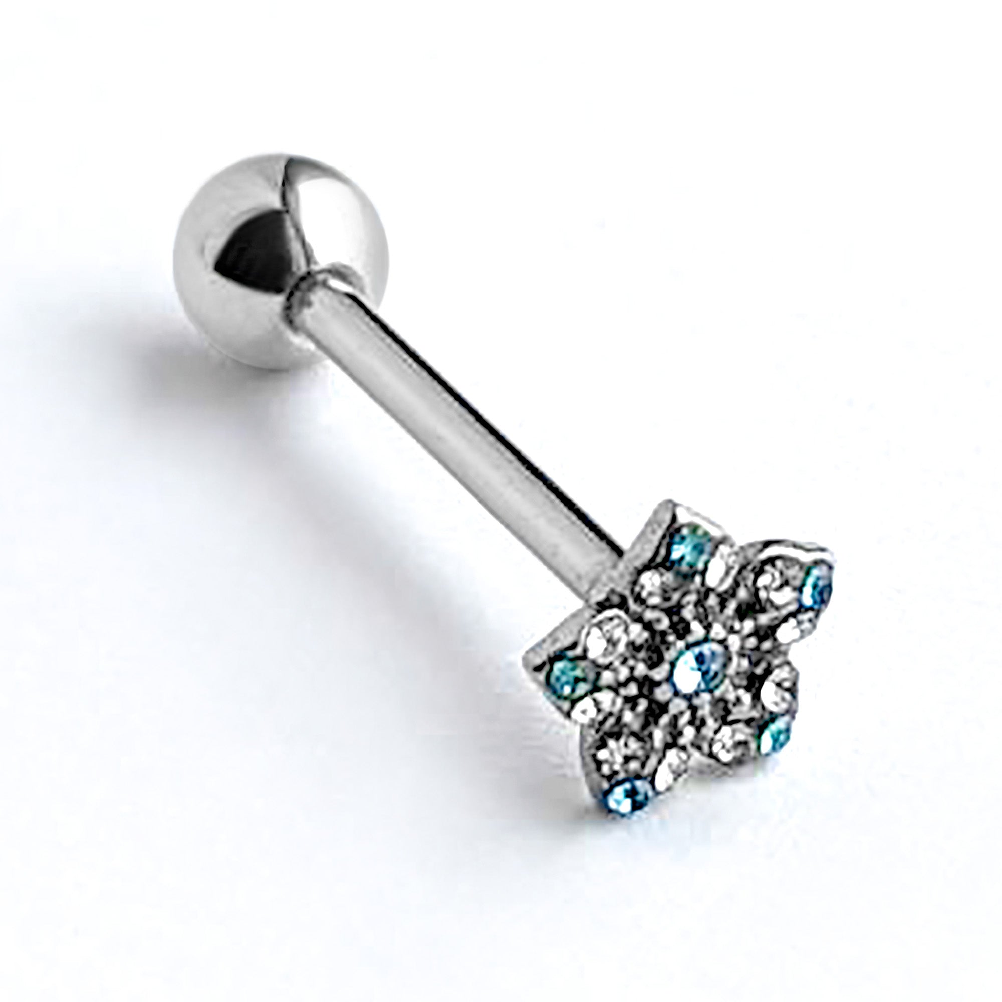 Blue Clear Gem Opulent Flower Barbell Tongue Ring