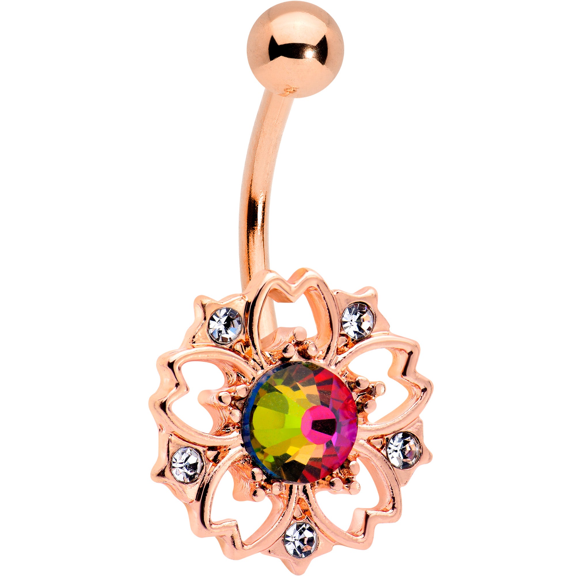 Dark Aurora Gem Rose Gold Tone Filigree Flower Belly Ring