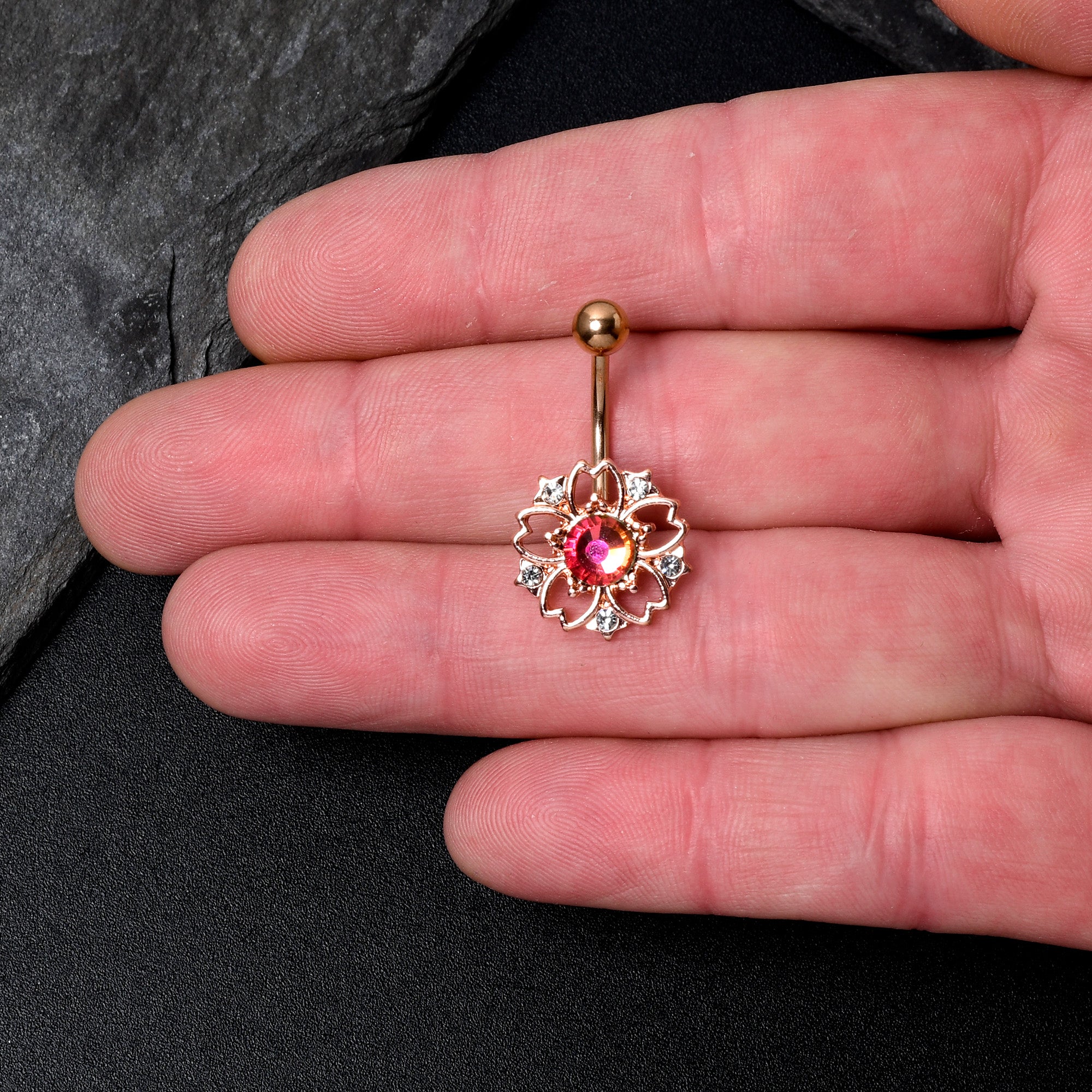 Dark Aurora Gem Rose Gold Tone Filigree Flower Belly Ring