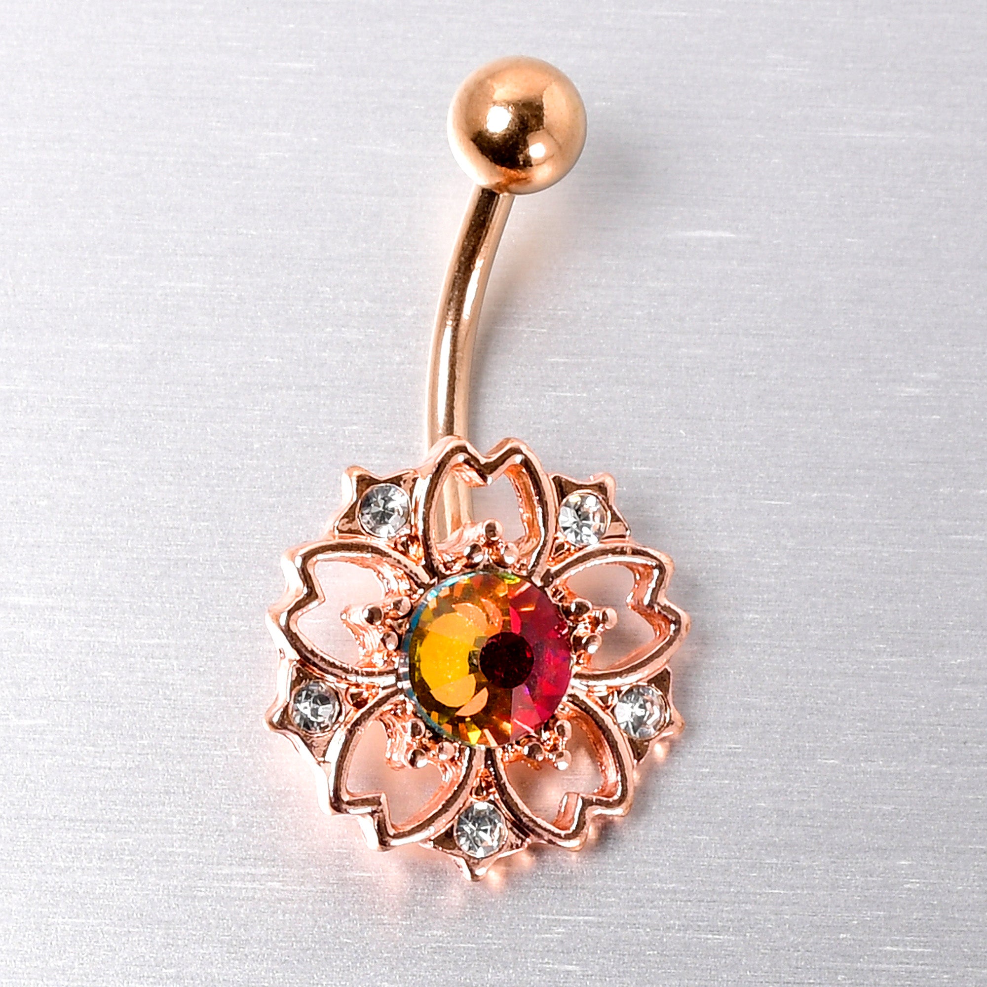 Dark Aurora Gem Rose Gold Tone Filigree Flower Belly Ring