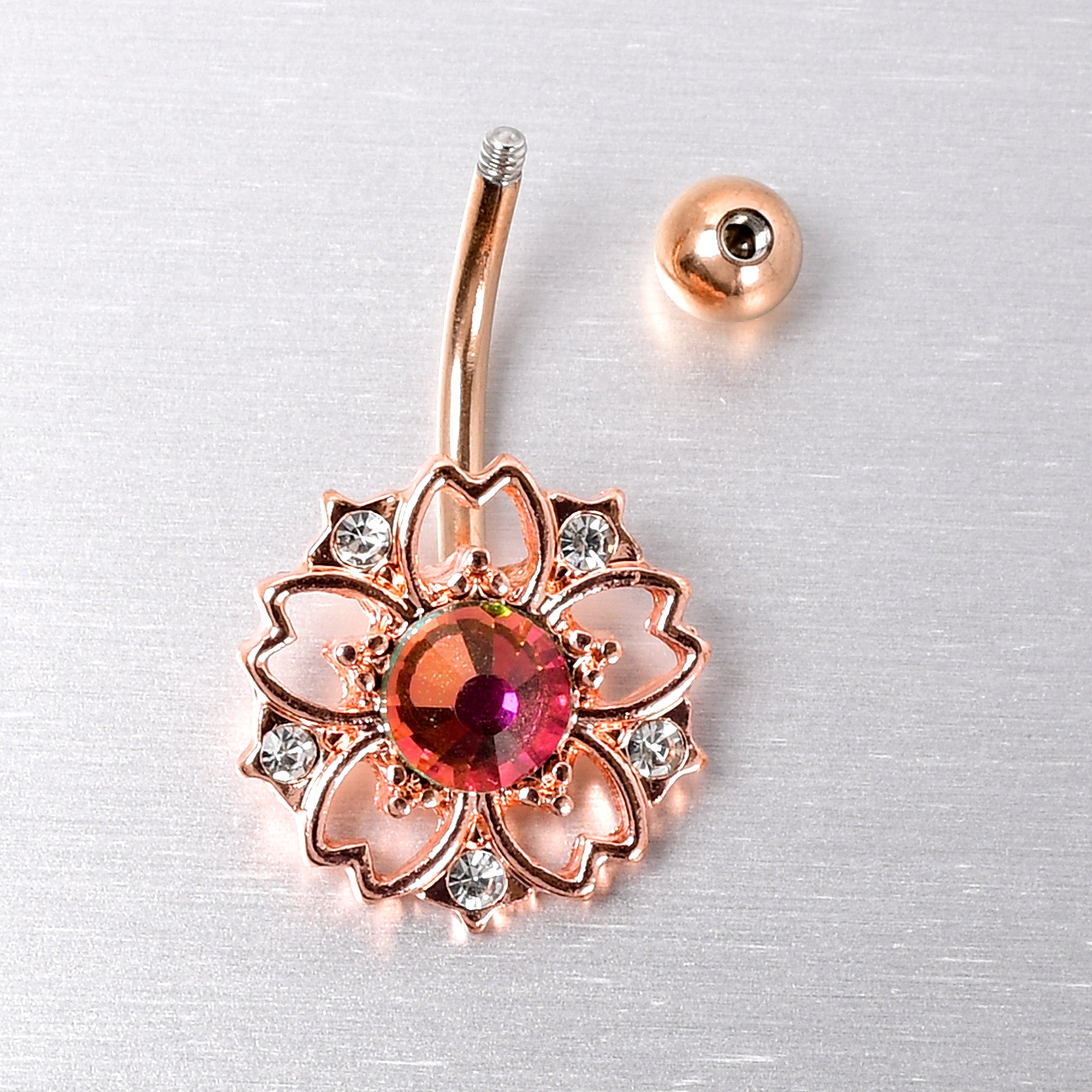 Dark Aurora Gem Rose Gold Tone Filigree Flower Belly Ring