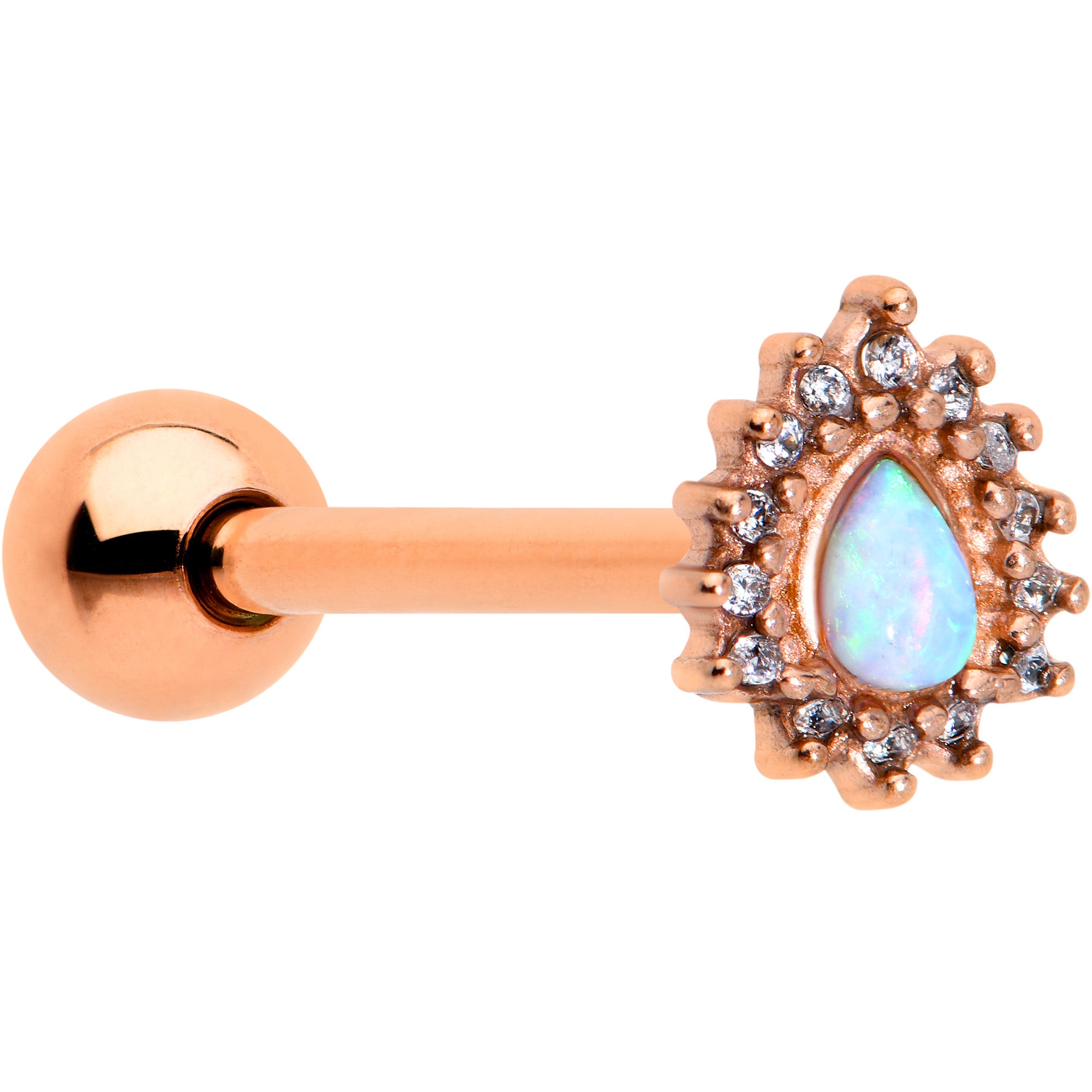 White Synthetic Opal Rose Gold Tone Drop Barbell Tongue Ring