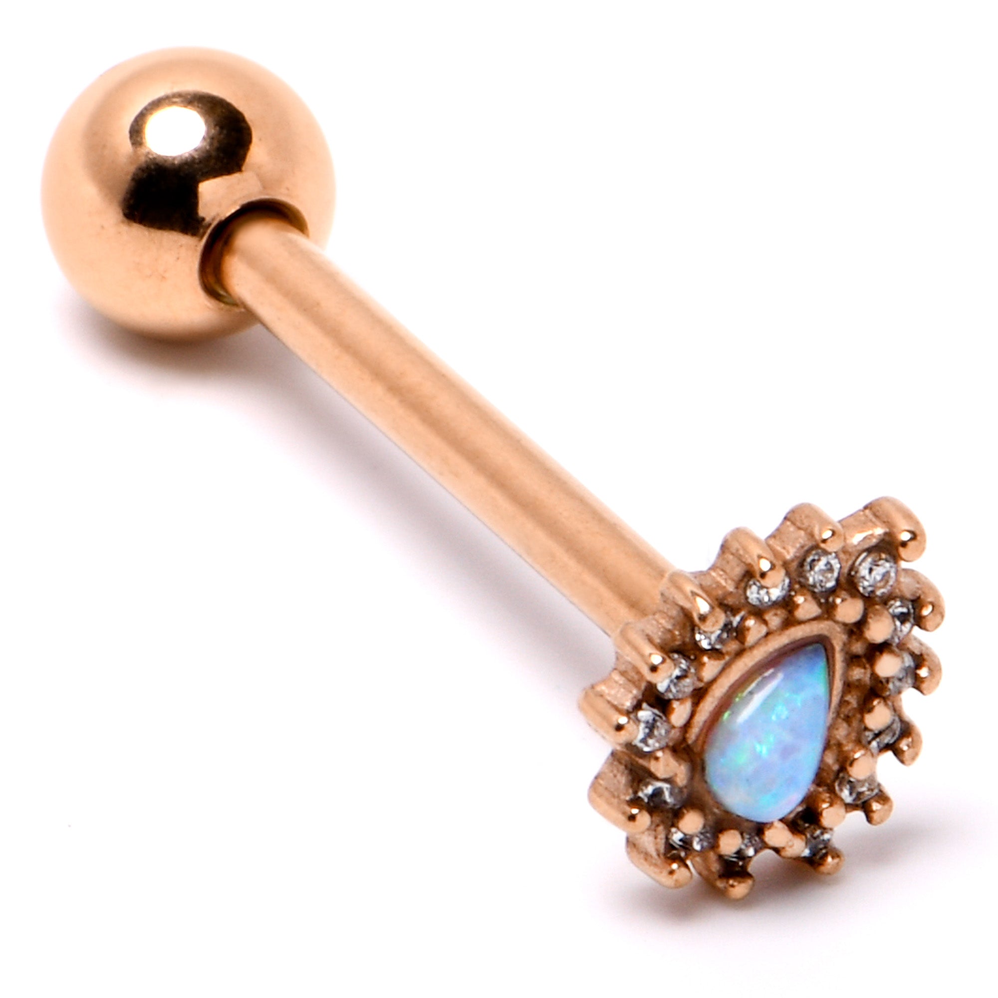 White Synthetic Opal Rose Gold Tone Drop Barbell Tongue Ring