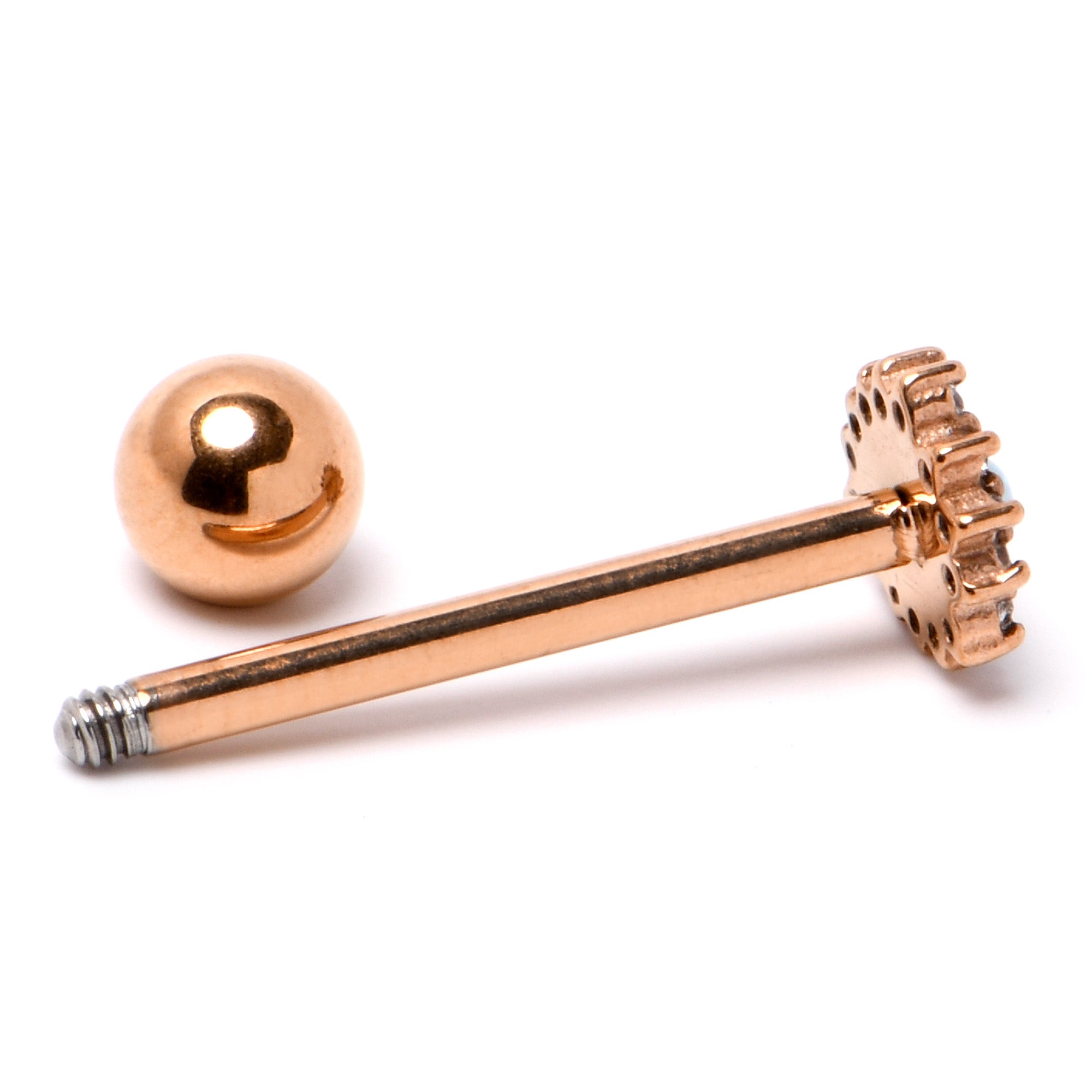 White Synthetic Opal Rose Gold Tone Drop Barbell Tongue Ring