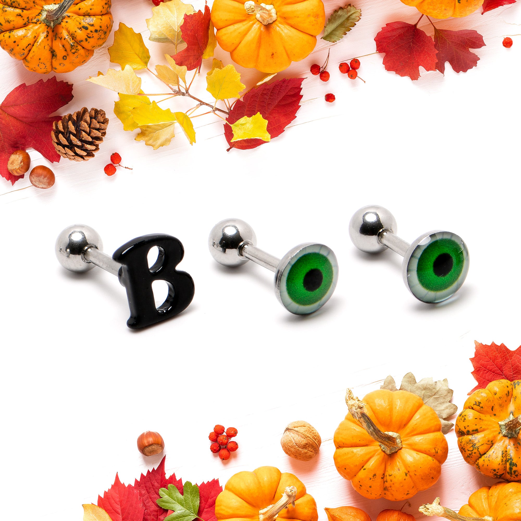 16 Gauge 1/4 Halloween Boo Eyes Cartilage Tragus Earring Curation Set of 3