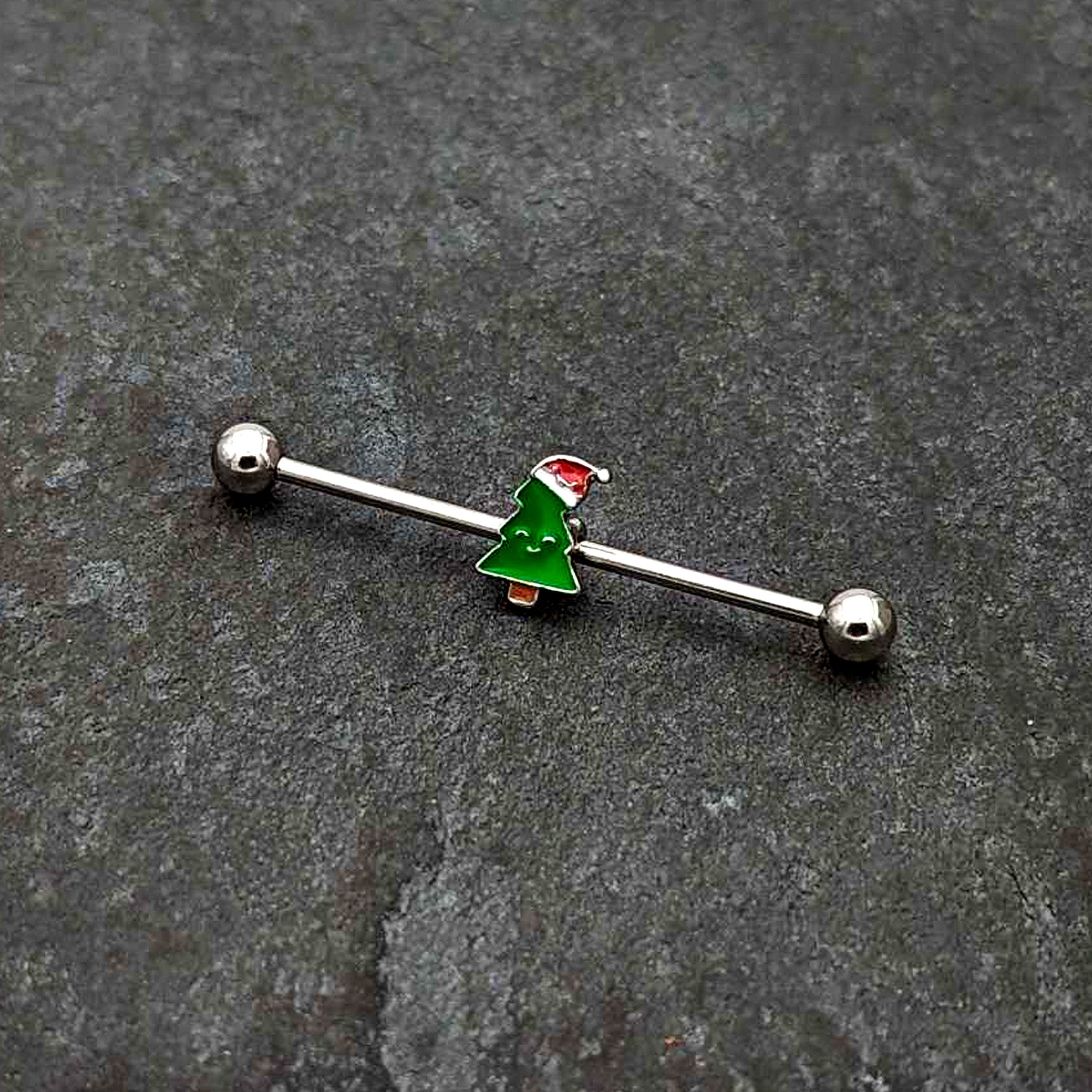 14 Gauge Happy Christmas Tree Hat Holiday Industrial Barbell 38mm