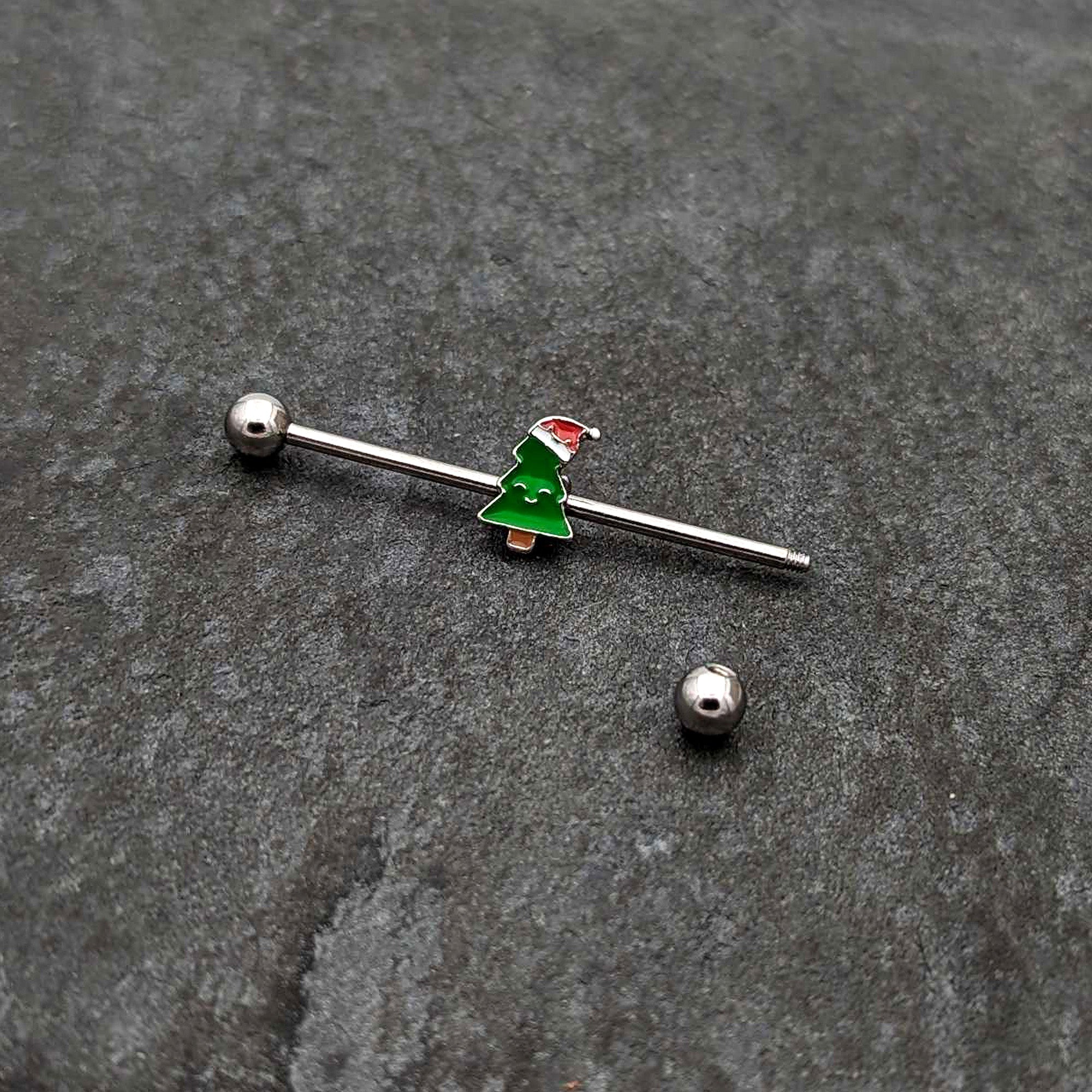 14 Gauge Happy Christmas Tree Hat Holiday Industrial Barbell 38mm