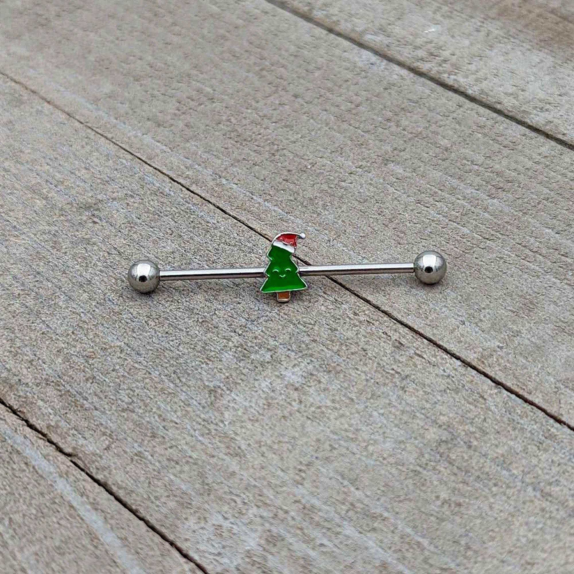 14 Gauge Happy Christmas Tree Hat Holiday Industrial Barbell 38mm