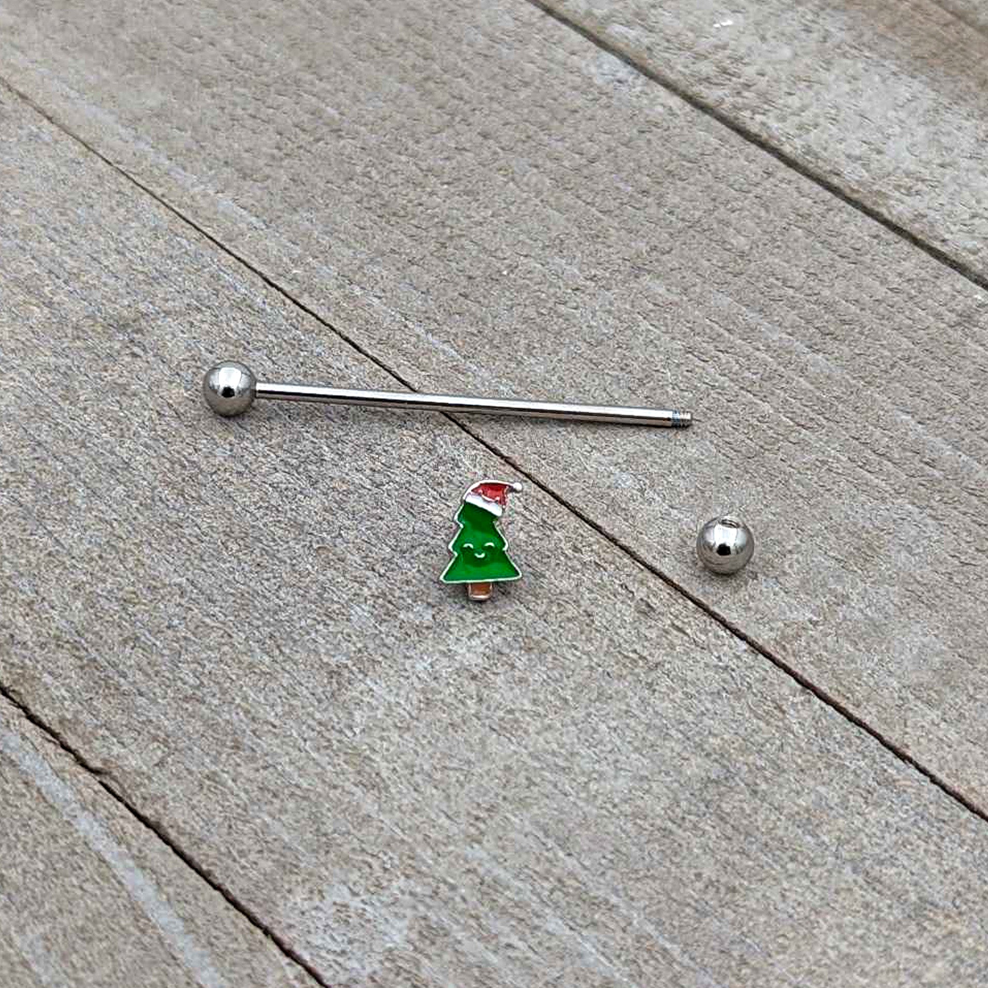 14 Gauge Happy Christmas Tree Hat Holiday Industrial Barbell 38mm