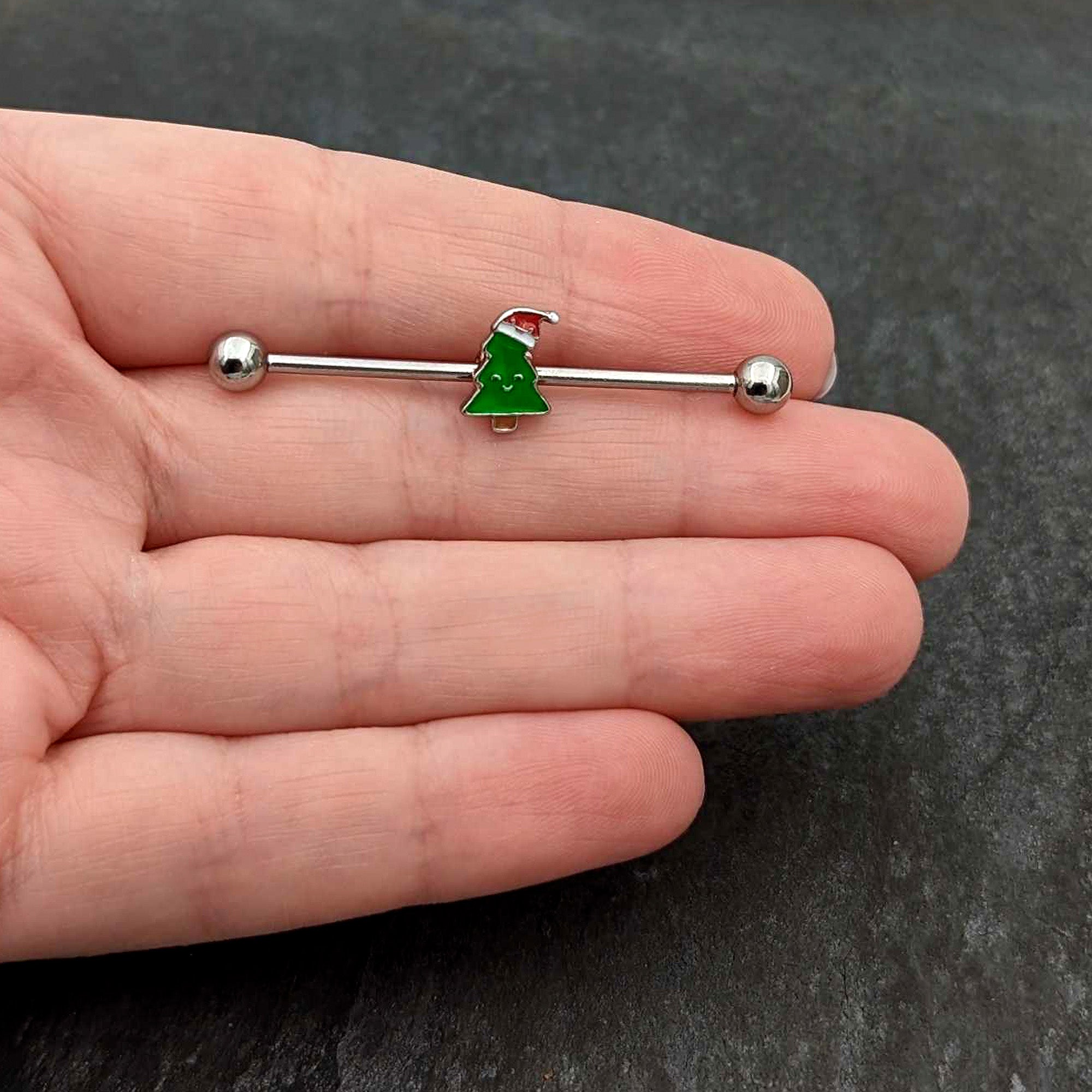 14 Gauge Happy Christmas Tree Hat Holiday Industrial Barbell 38mm