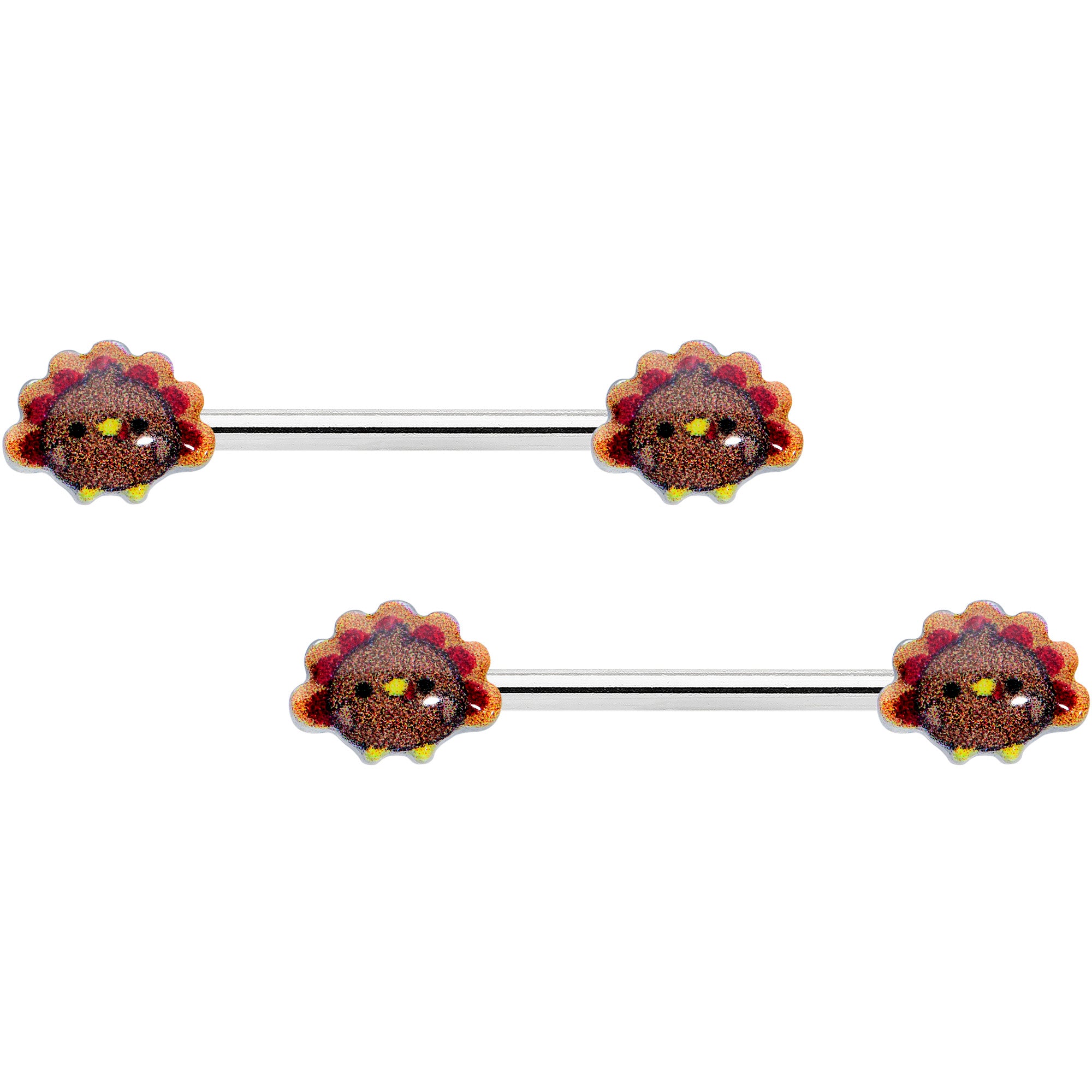 14 Gauge 9/16 Cute Colorful Turkeys Barbell Nipple Ring Set