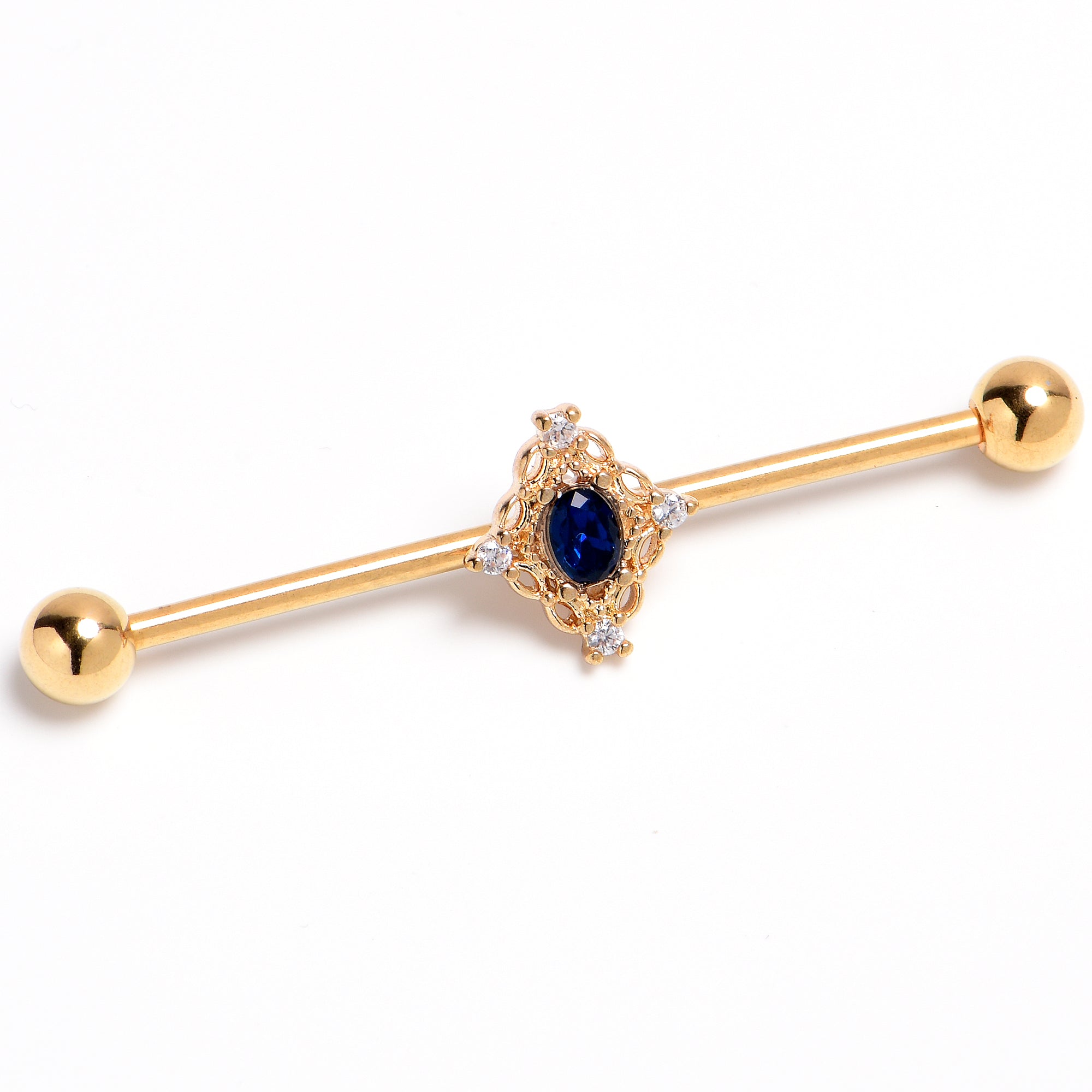 14 Gauge Blue Gem Gold Tone Filigree Rhombus Industrial Barbell 38mm