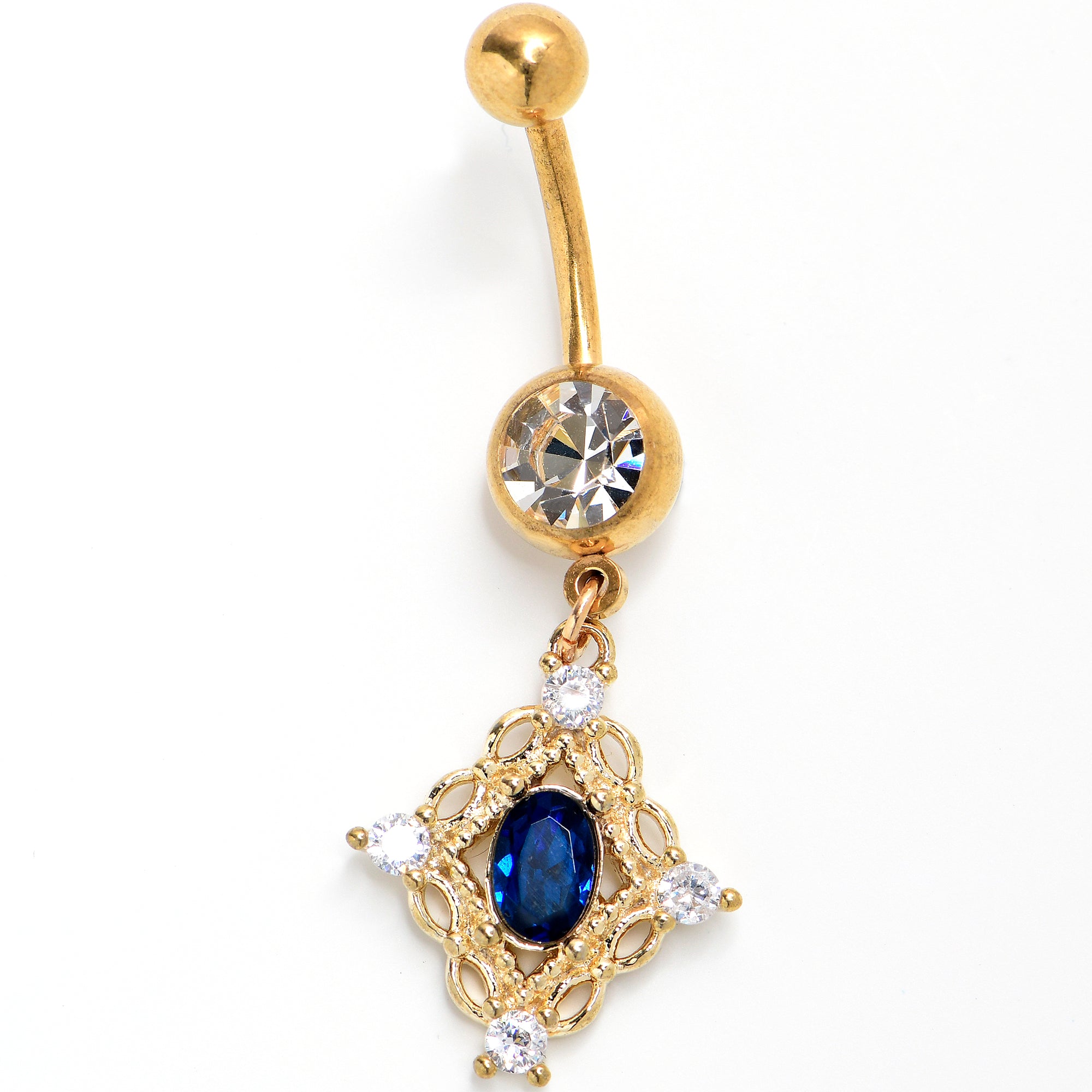 Clear Blue Gem Gold Tone Rich Rhombus Dangle Belly Ring