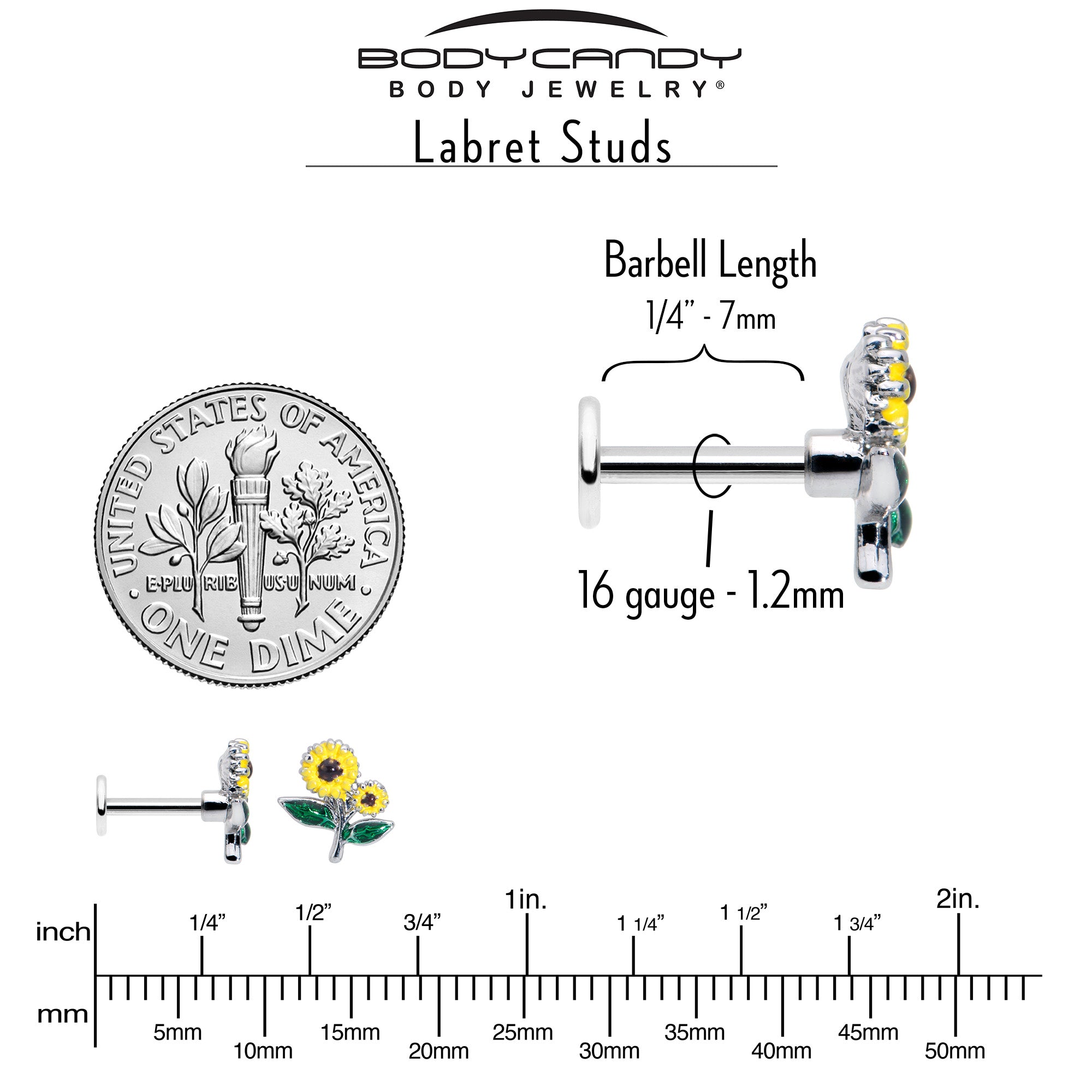 16 Gauge 1/4 Cheery Inlay Sunflowers Labret