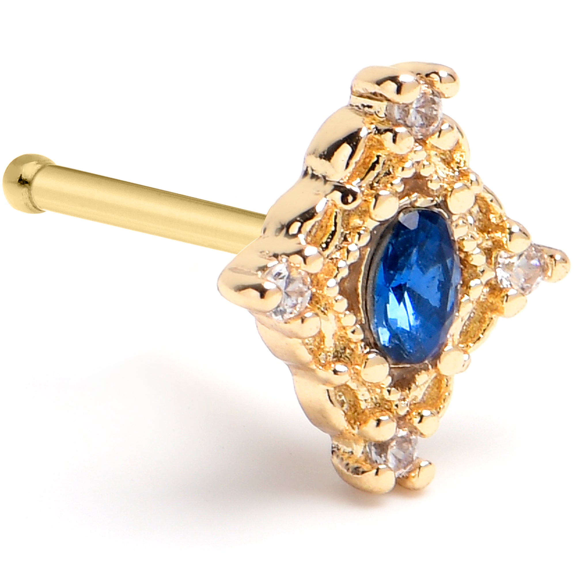 20 Gauge 1/4 Blue Gem Gold Tone Rich Rhombus Nose Bone