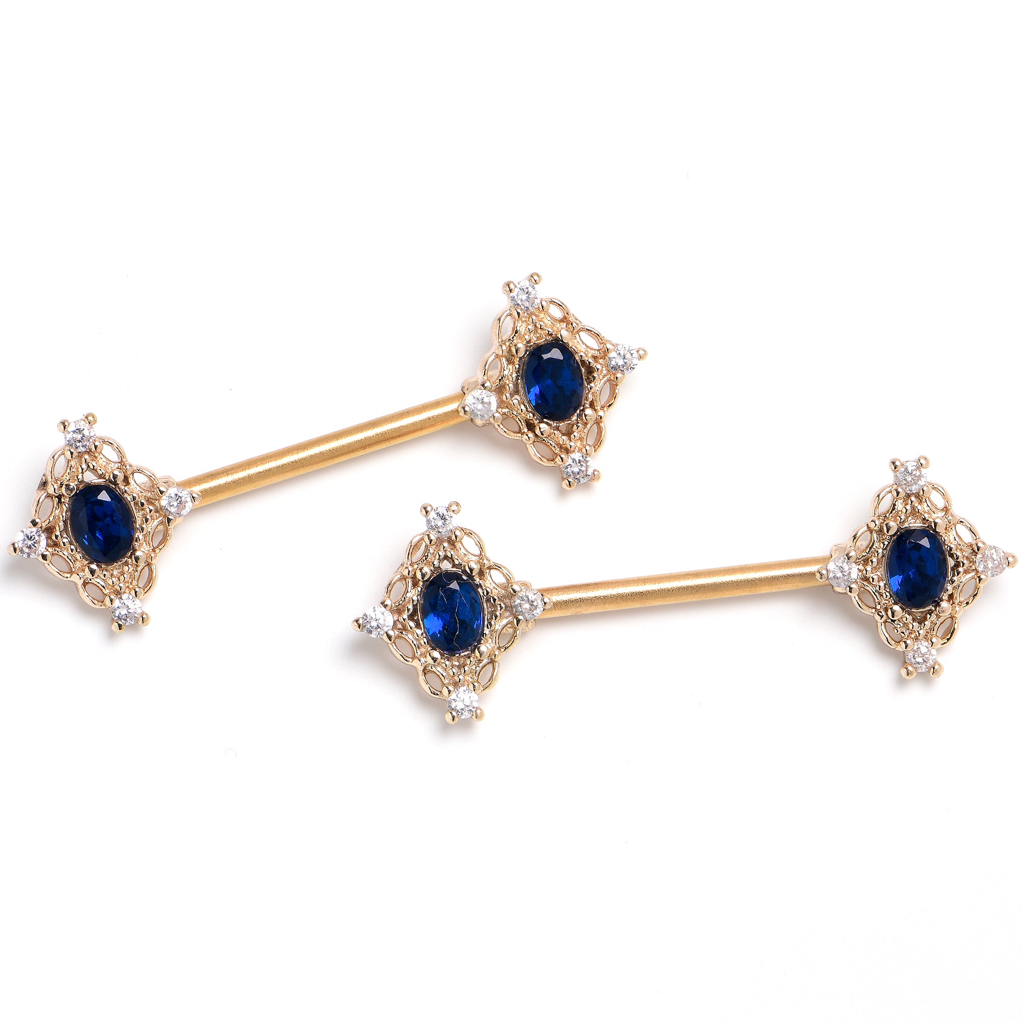 14 Gauge 5/8 Blue Gem Rich Rhombus Barbell Nipple Ring Set