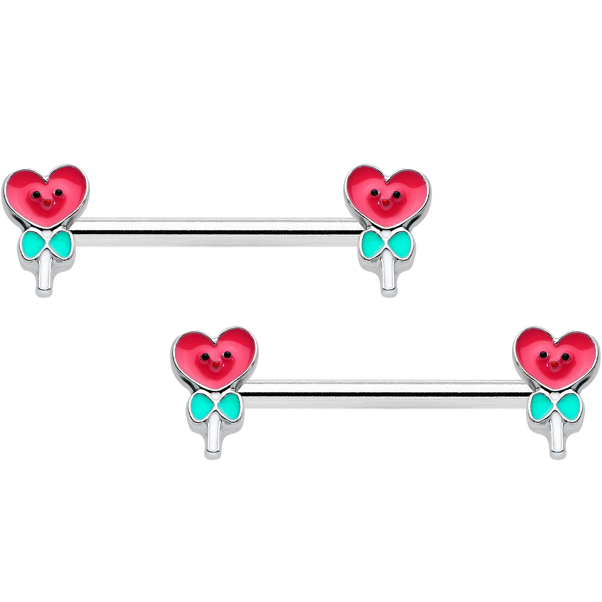 14 Gauge 9/16 Sweet Happy Heart Lollipop Barbell Nipple Ring Set