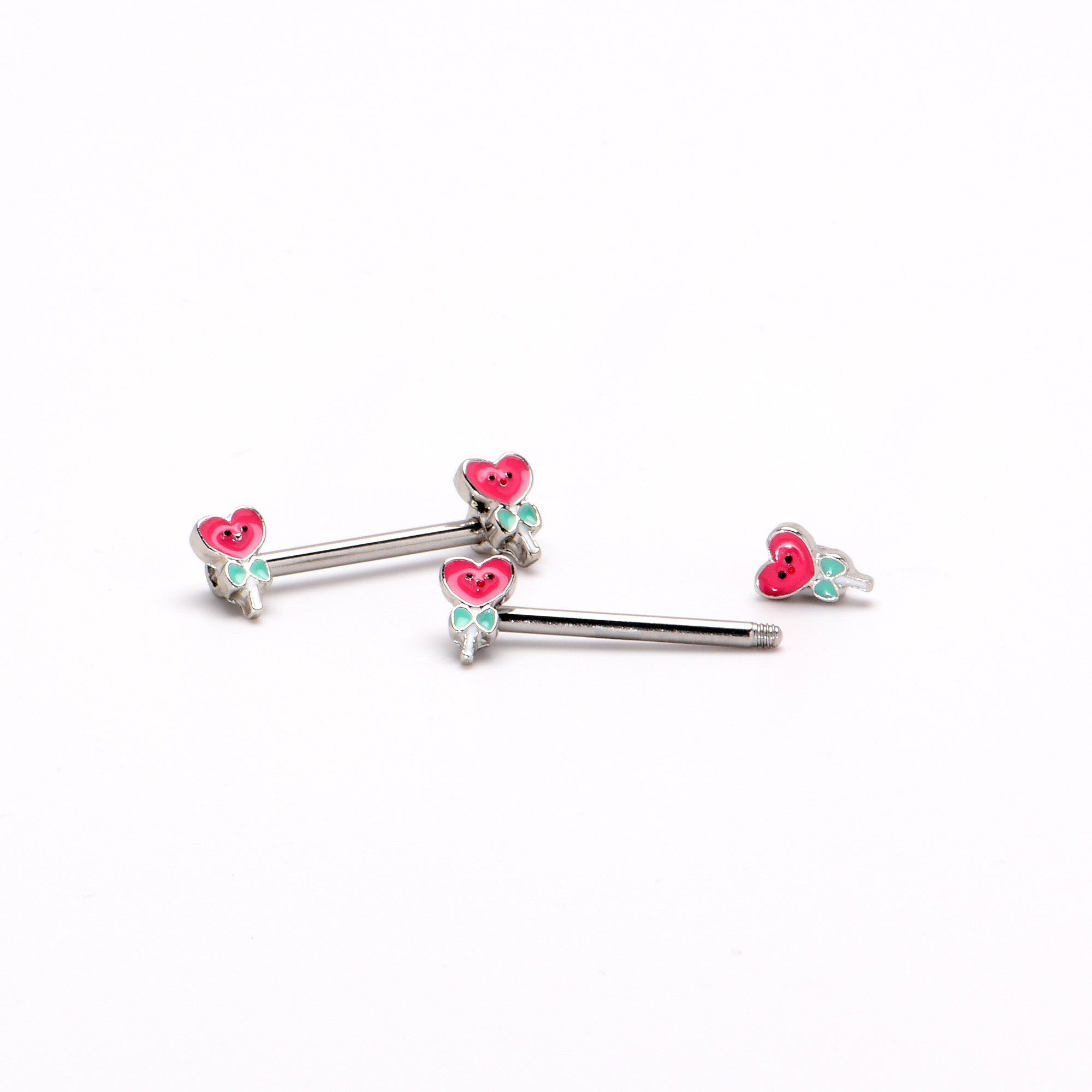 14 Gauge 9/16 Sweet Happy Heart Lollipop Barbell Nipple Ring Set