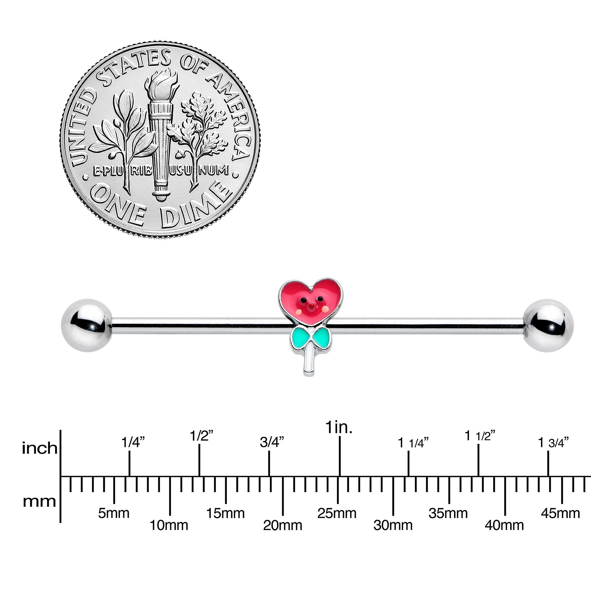 14 Gauge Sweet Happy Heart Lollipop Industrial Barbell 38mm