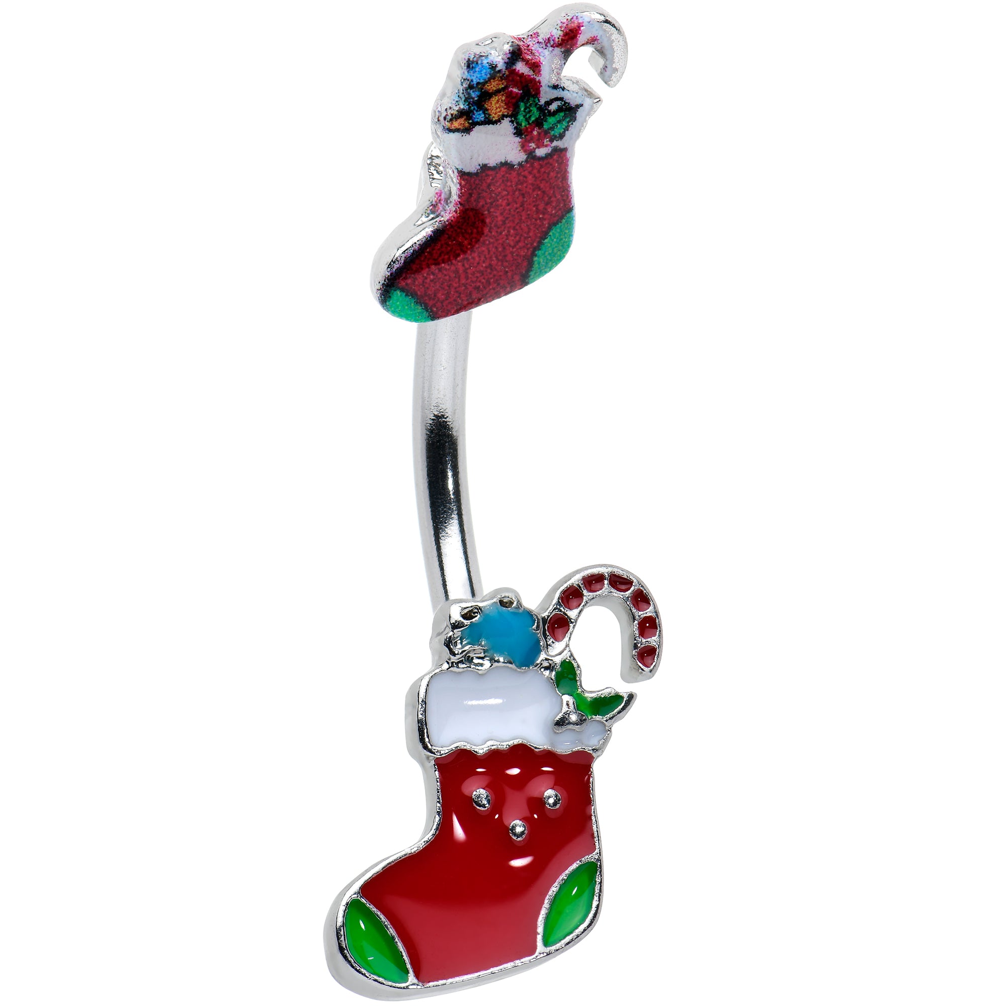 Merry Christmas Stockings Red Green Double Mount Belly Ring