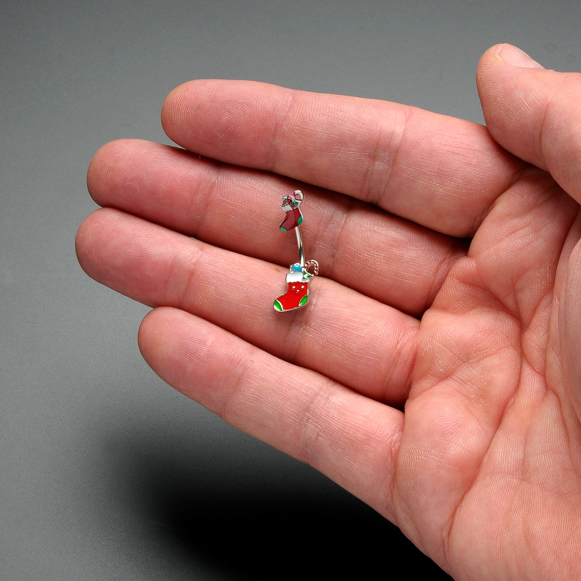 Merry Christmas Stockings Red Green Double Mount Belly Ring