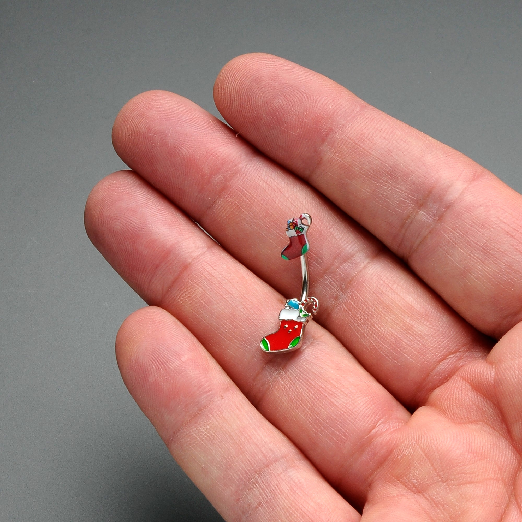 Merry Christmas Stockings Red Green Double Mount Belly Ring