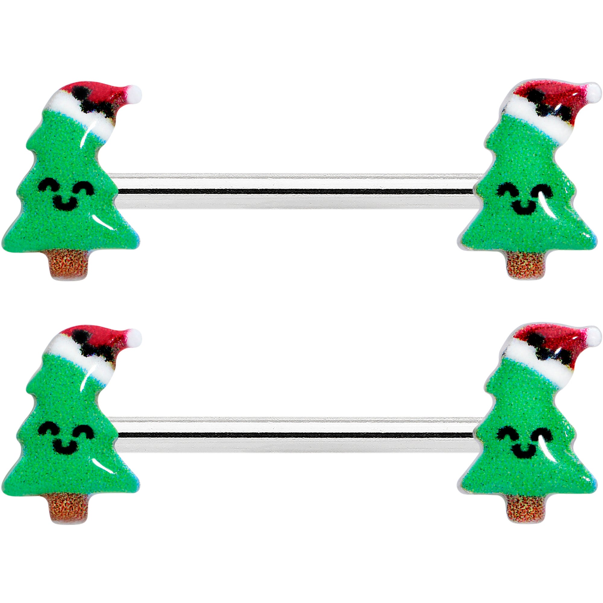 14 Gauge 9/16 Happy Christmas Tree Hat Barbell Nipple Ring Set