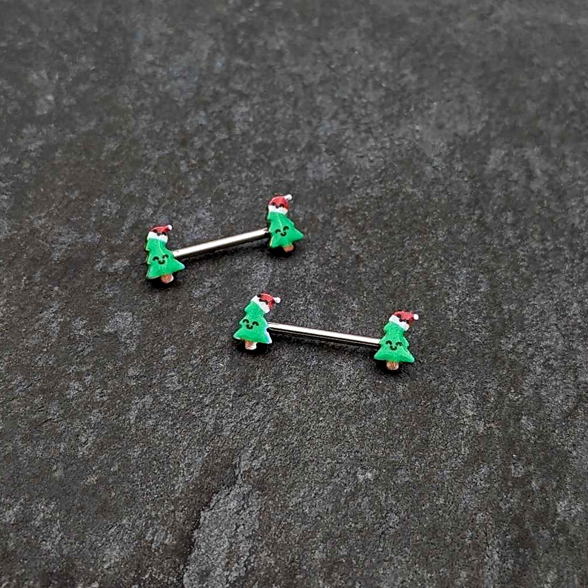 14 Gauge 9/16 Happy Christmas Tree Hat Barbell Nipple Ring Set