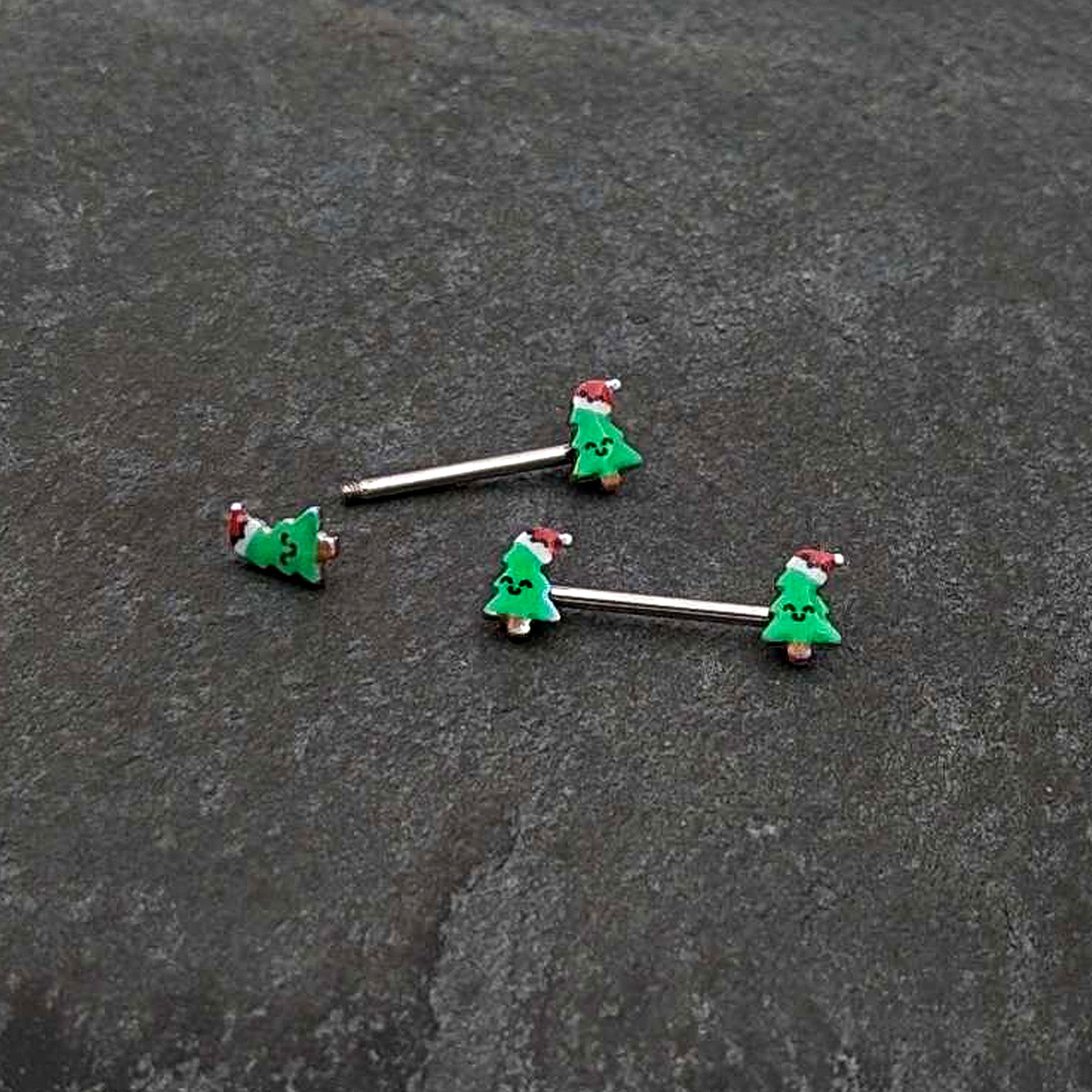 14 Gauge 9/16 Happy Christmas Tree Hat Barbell Nipple Ring Set