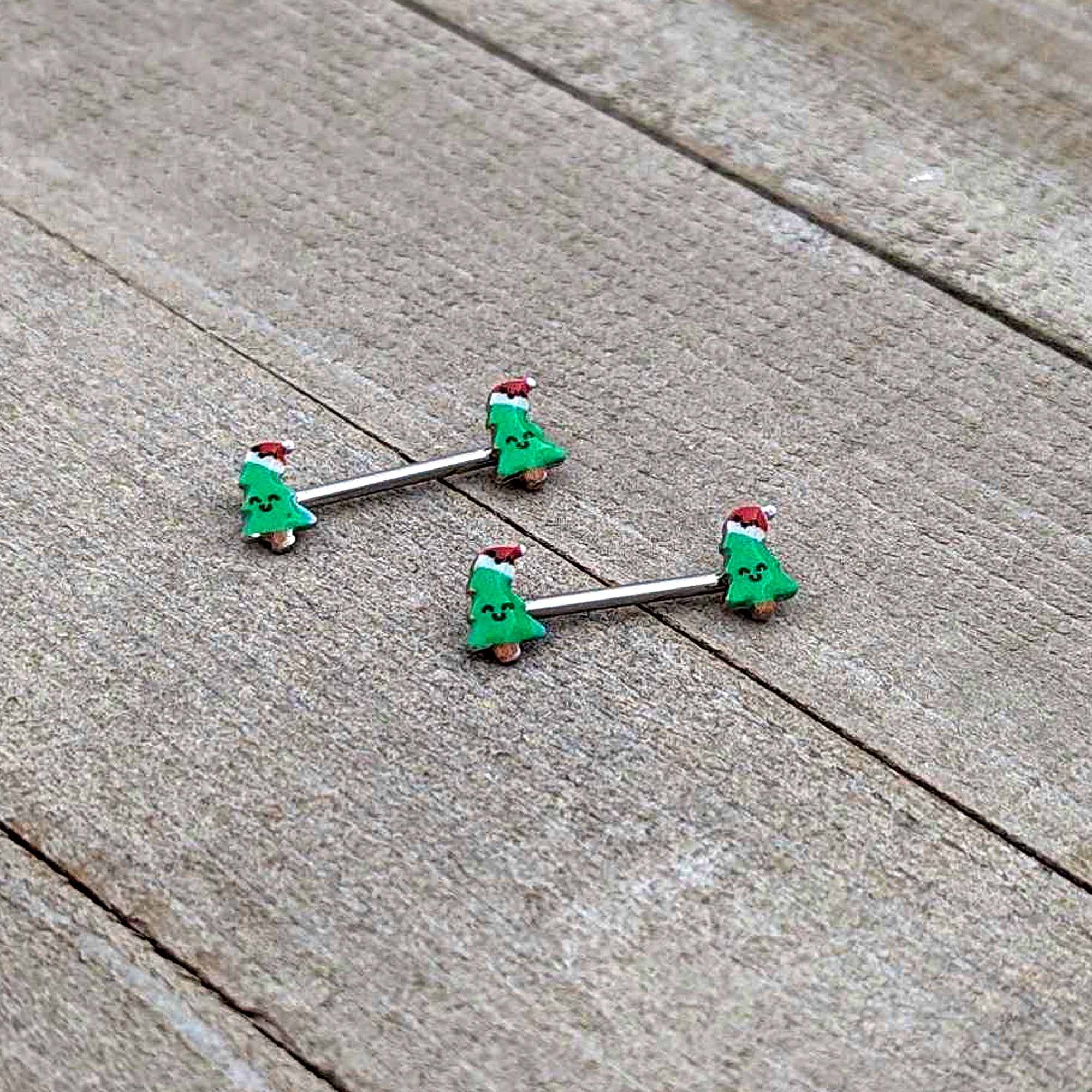 14 Gauge 9/16 Happy Christmas Tree Hat Barbell Nipple Ring Set