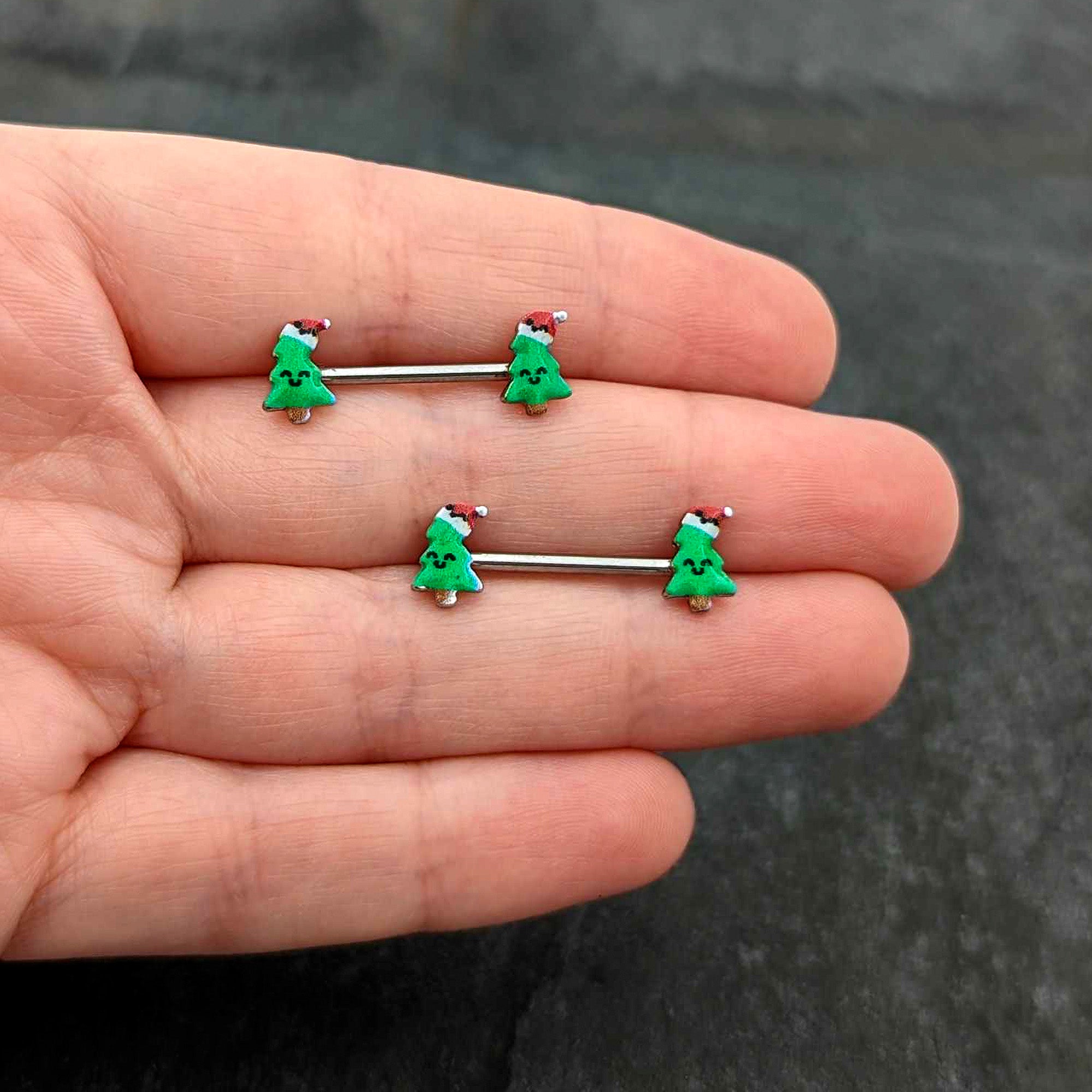 14 Gauge 9/16 Happy Christmas Tree Hat Barbell Nipple Ring Set