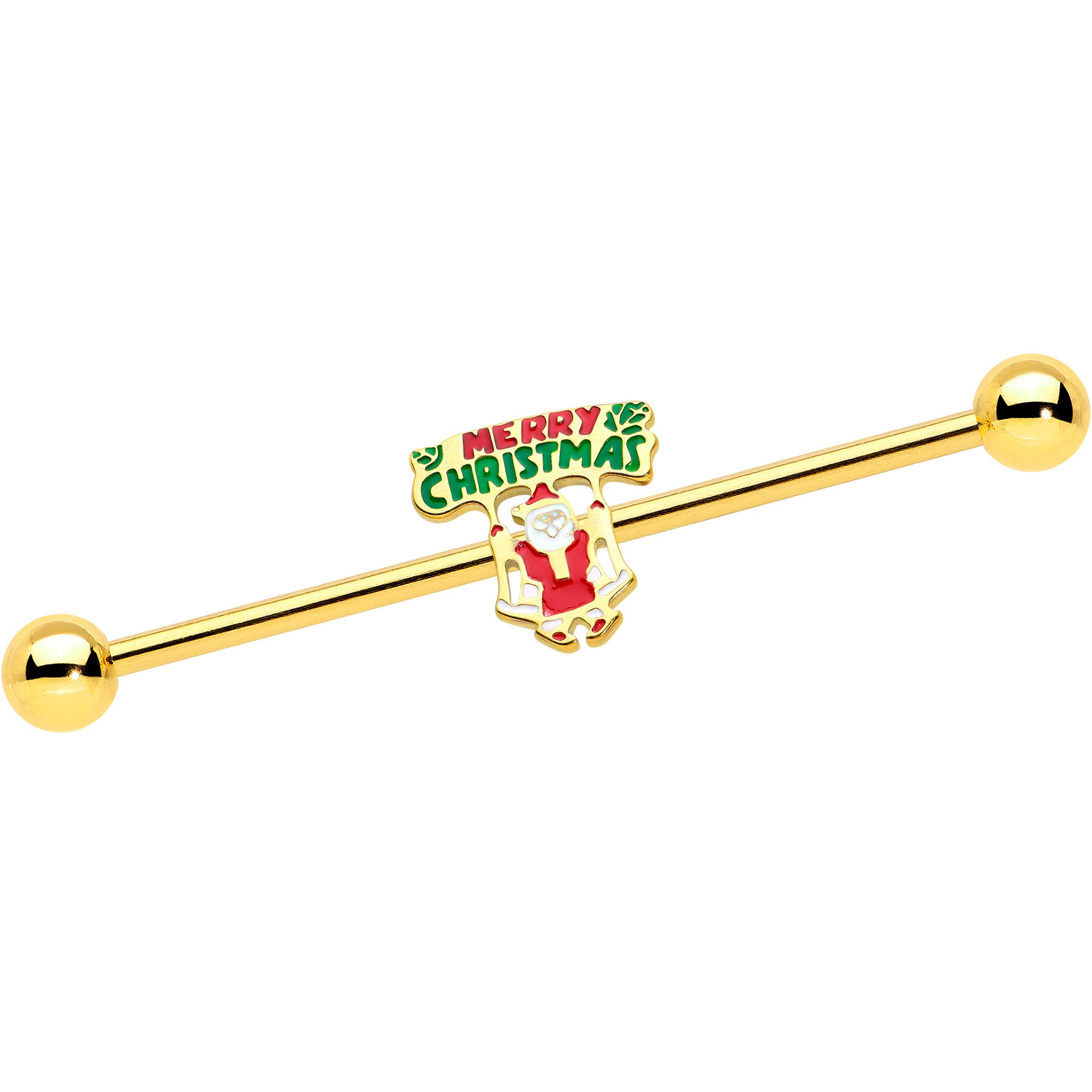 14 Gauge Gold Hue Merry Christmas Santa Inlaid Industrial Barbell 38mm