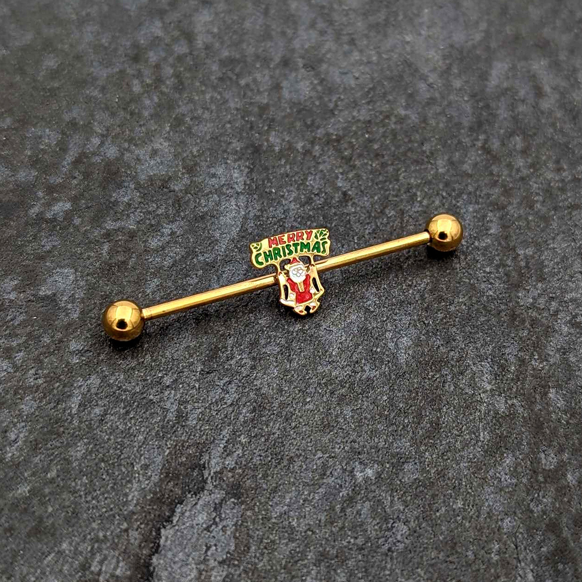 14 Gauge Gold Hue Merry Christmas Santa Inlaid Industrial Barbell 38mm