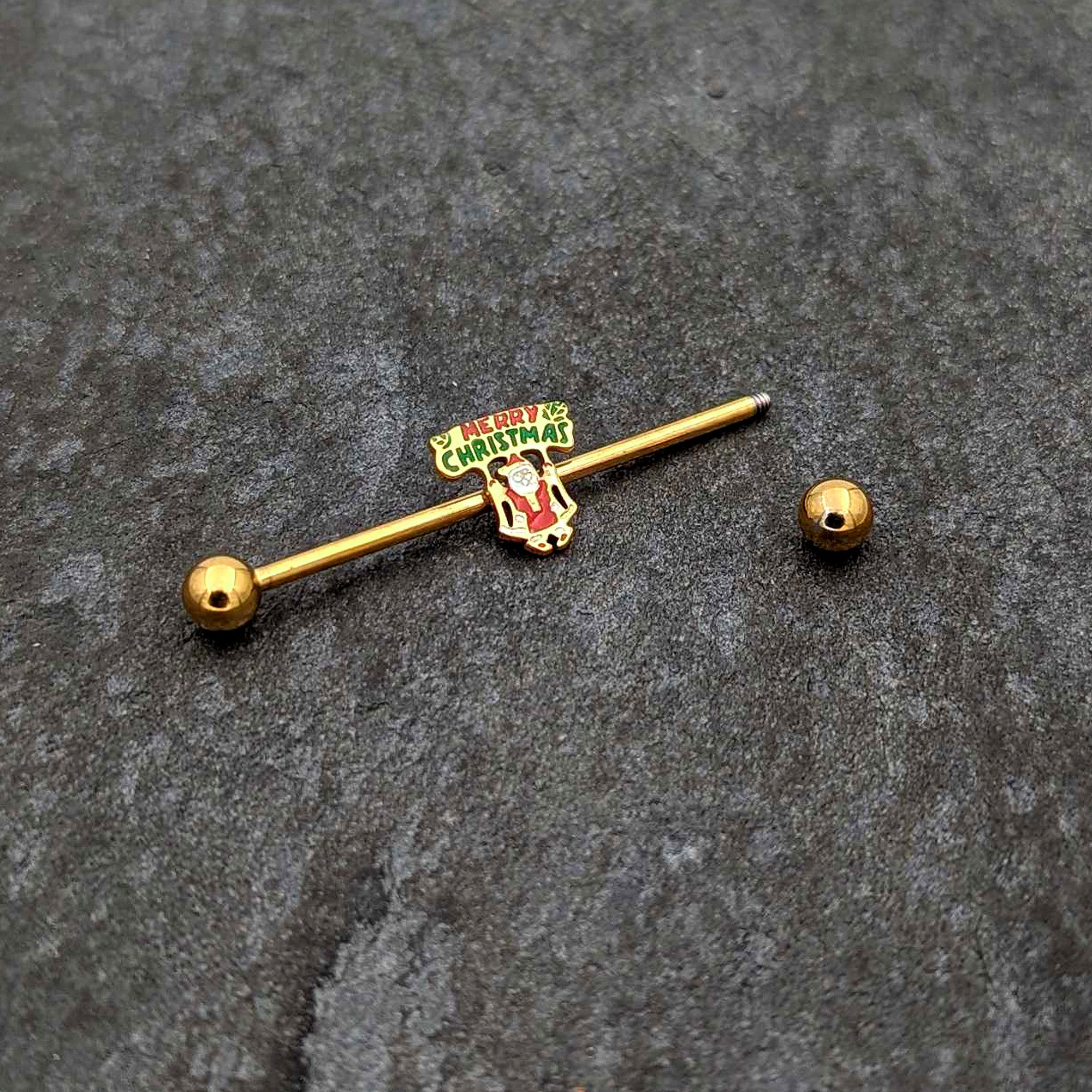 14 Gauge Gold Hue Merry Christmas Santa Inlaid Industrial Barbell 38mm