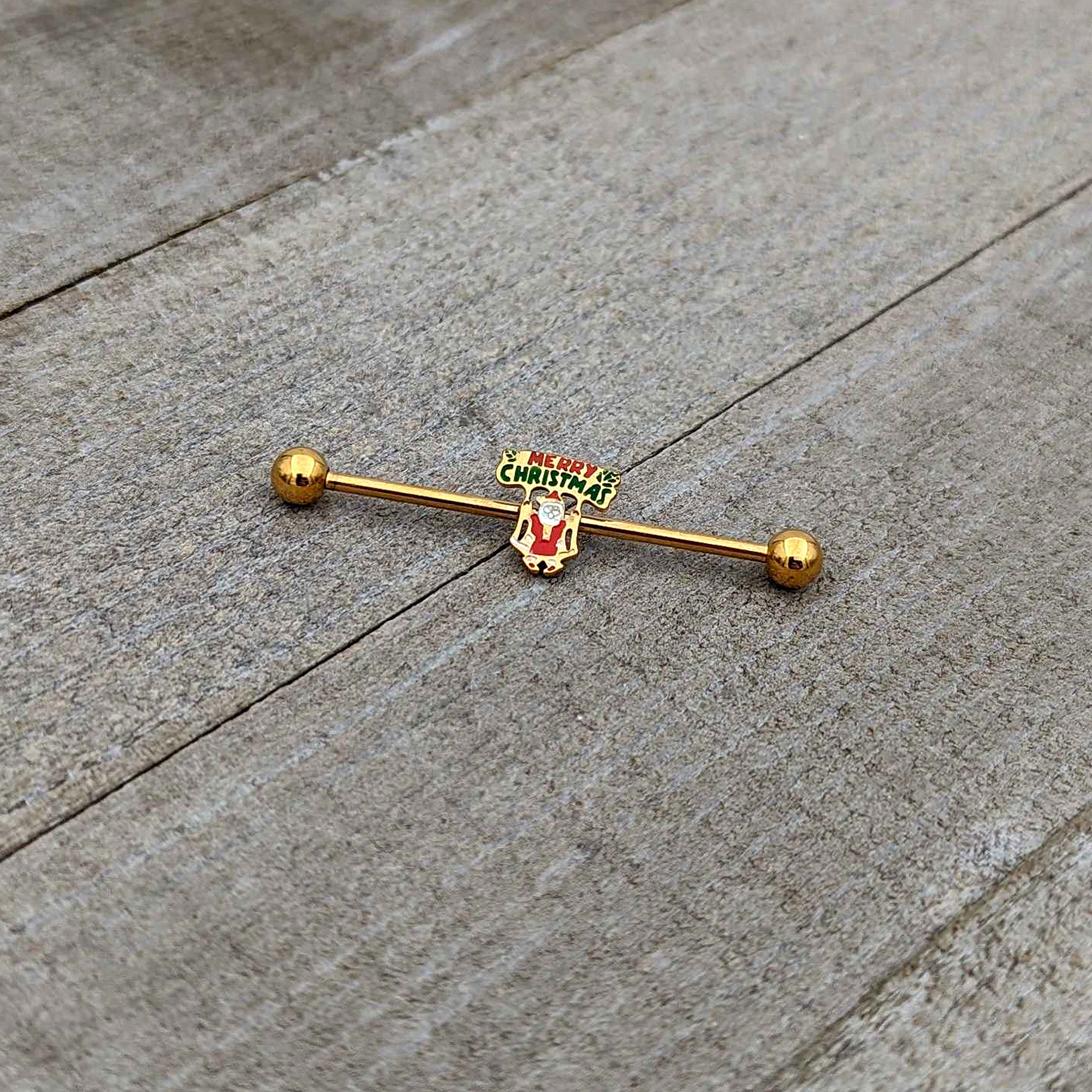 14 Gauge Gold Hue Merry Christmas Santa Inlaid Industrial Barbell 38mm