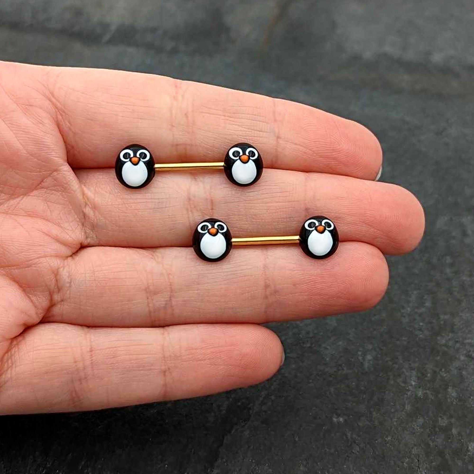 14 Gauge 9/16 Gold Tone Round Penguin Face Barbell Nipple Ring Set