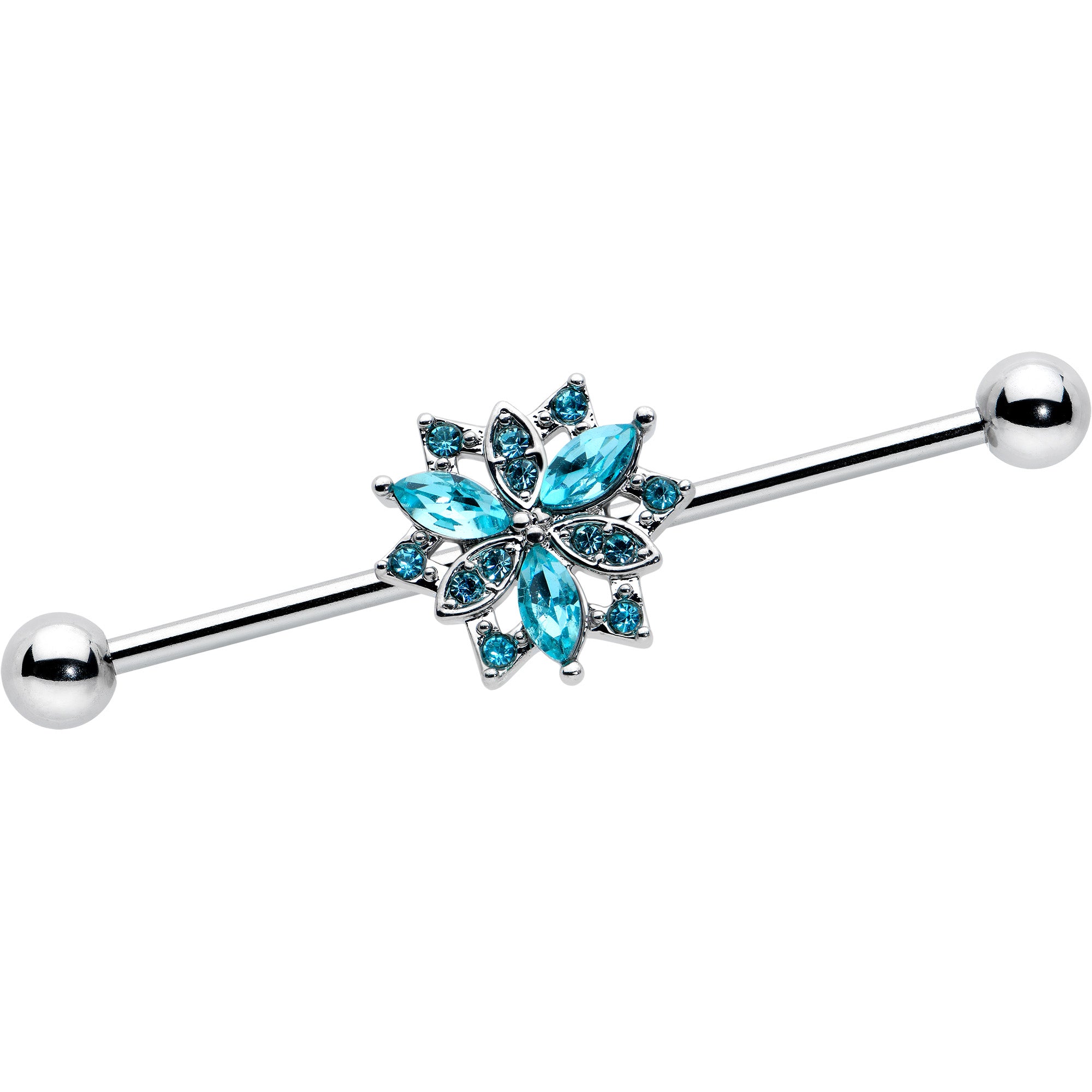 14 Gauge Blue CZ Gem Ornate Snowflake Industrial Barbell 38mm