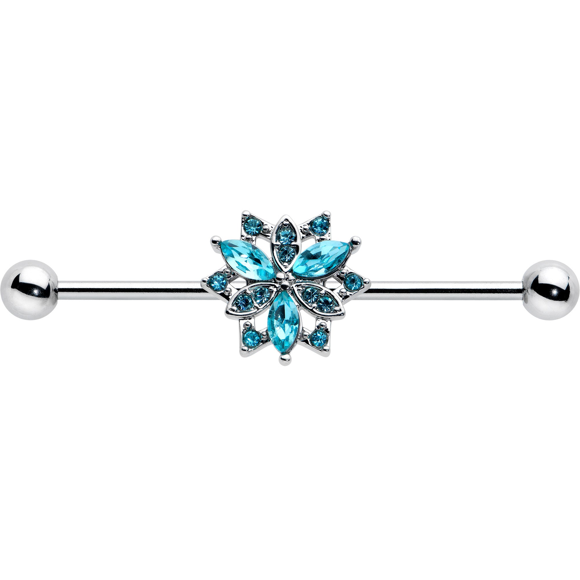 14 Gauge Blue CZ Gem Ornate Snowflake Industrial Barbell 38mm