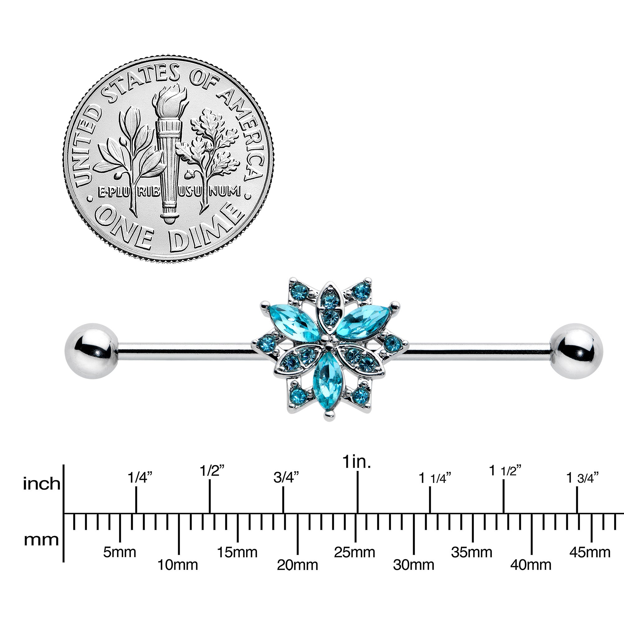 14 Gauge Blue CZ Gem Ornate Snowflake Industrial Barbell 38mm