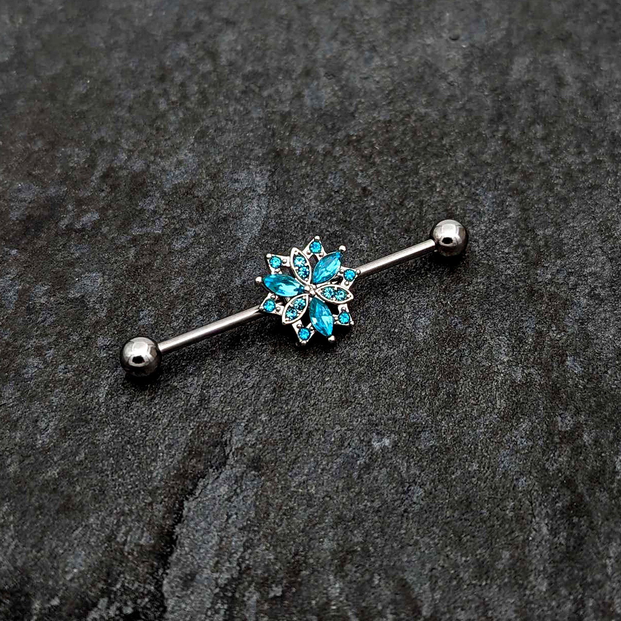 14 Gauge Blue CZ Gem Ornate Snowflake Industrial Barbell 38mm