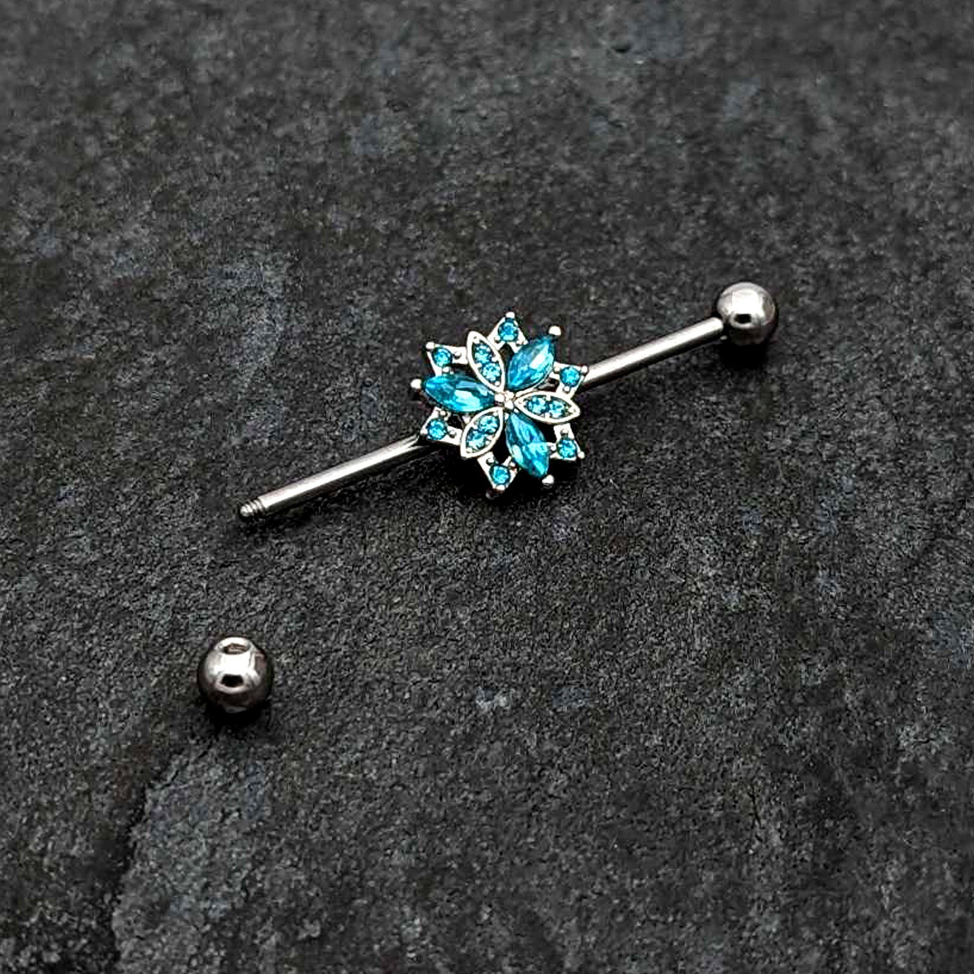 14 Gauge Blue CZ Gem Ornate Snowflake Industrial Barbell 38mm