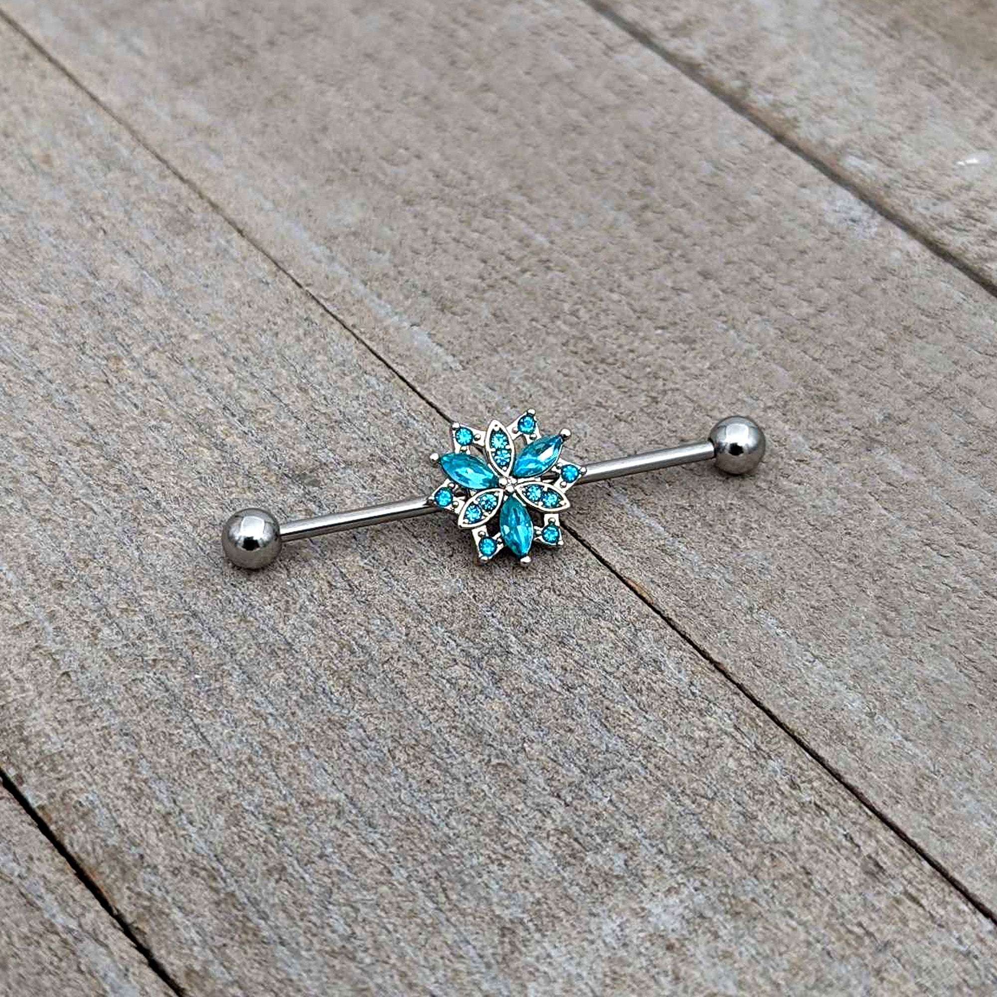 14 Gauge Blue CZ Gem Ornate Snowflake Industrial Barbell 38mm