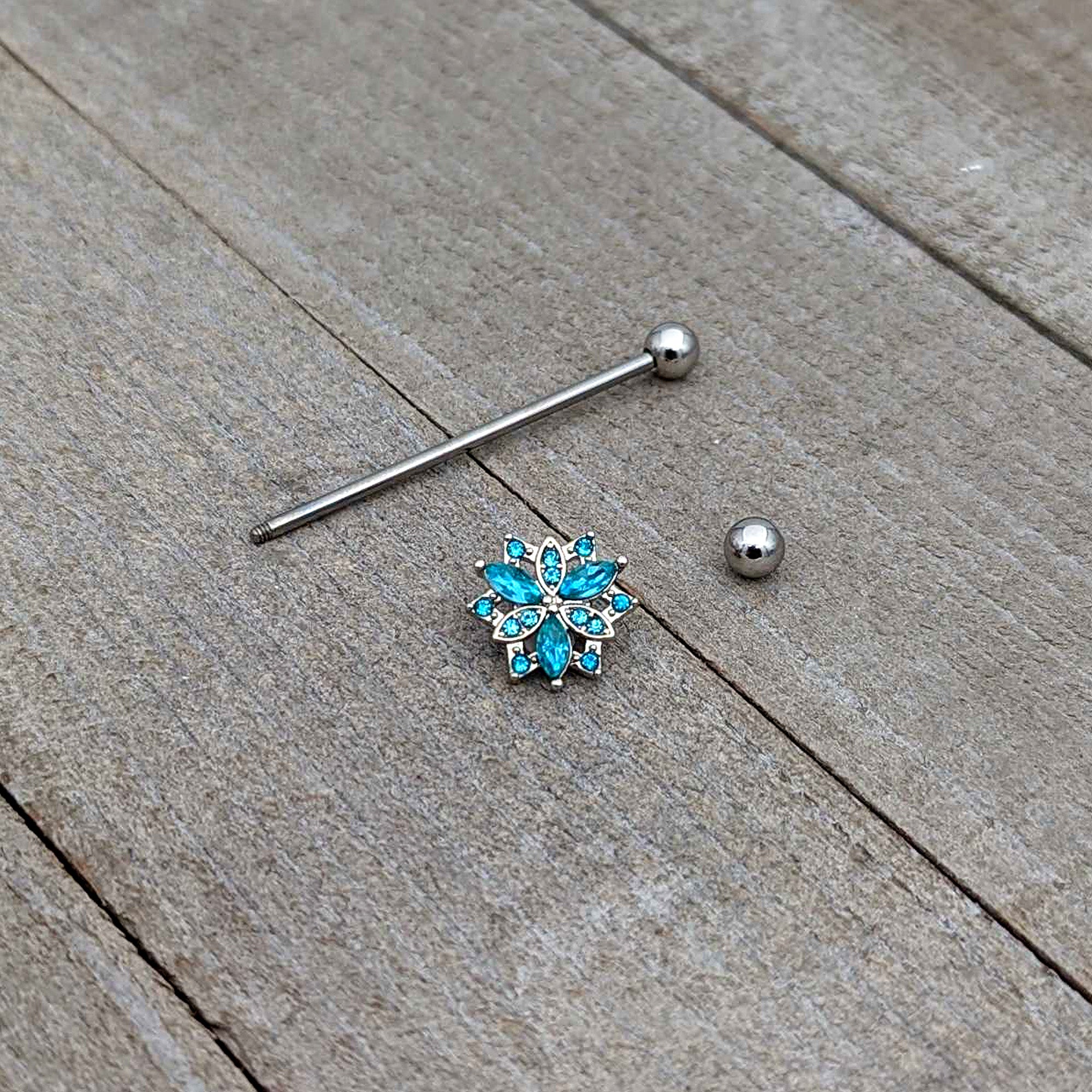 14 Gauge Blue CZ Gem Ornate Snowflake Industrial Barbell 38mm