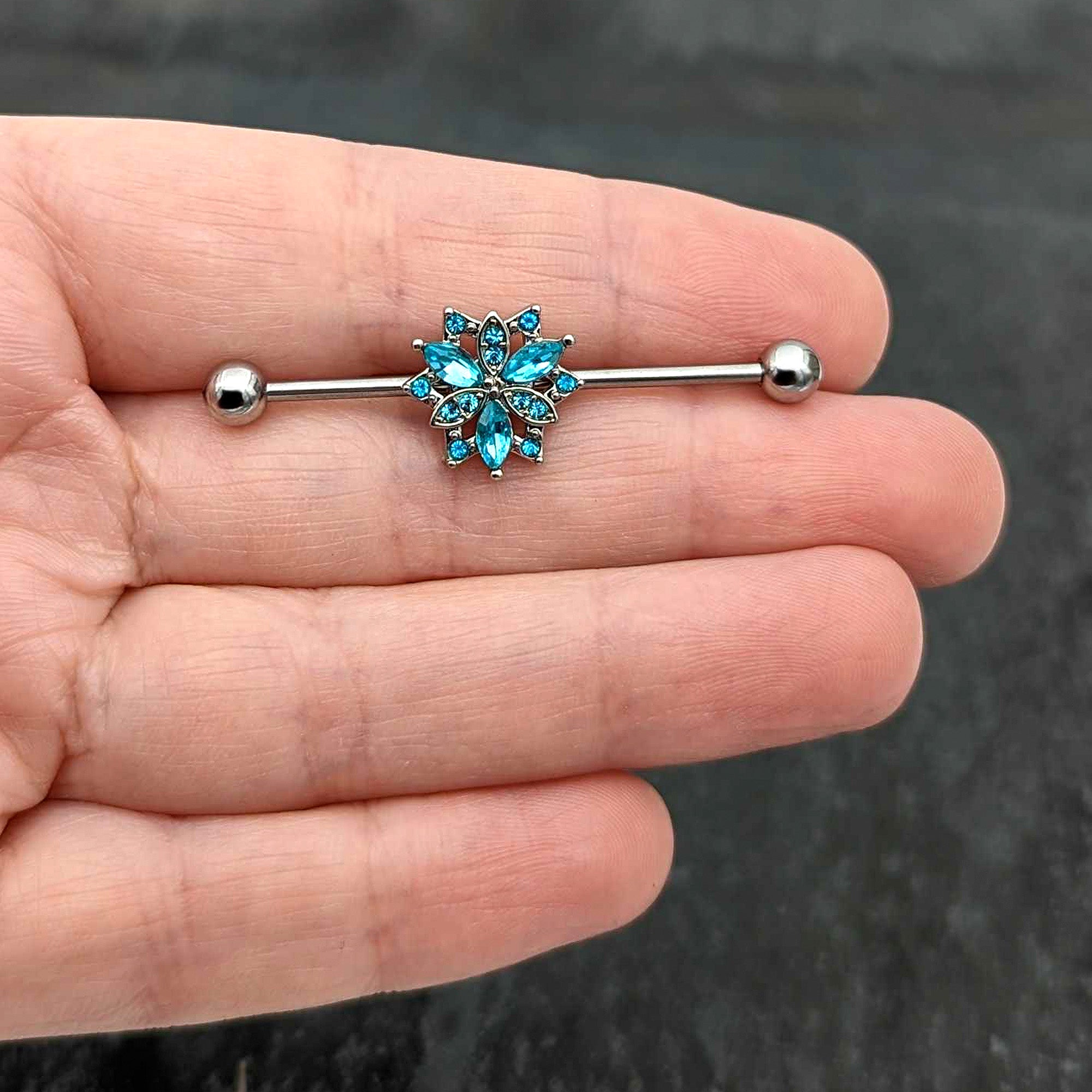 14 Gauge Blue CZ Gem Ornate Snowflake Industrial Barbell 38mm