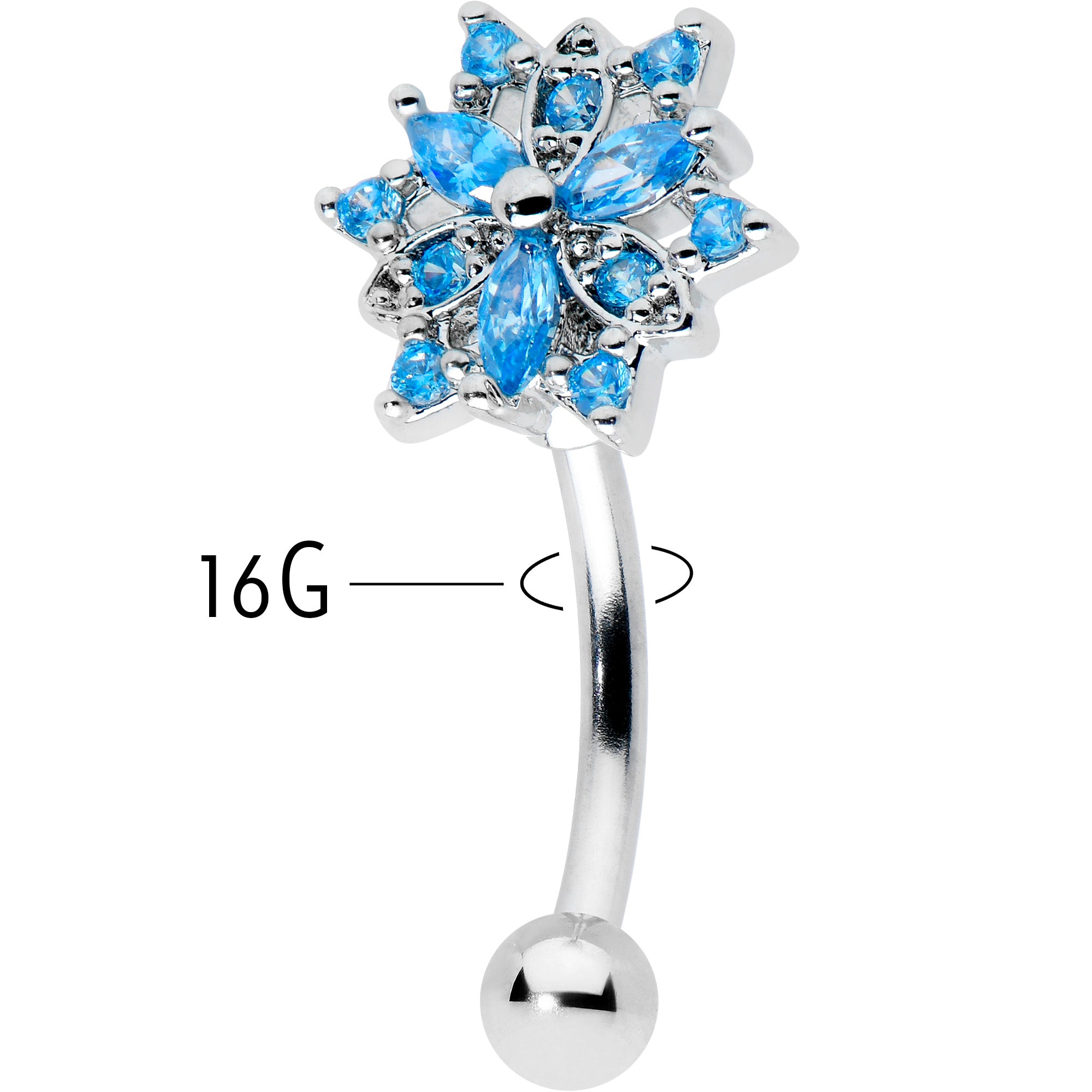 16 Gauge 5/16 Blue CZ Gem Snowflake Blues Curved Eyebrow Ring